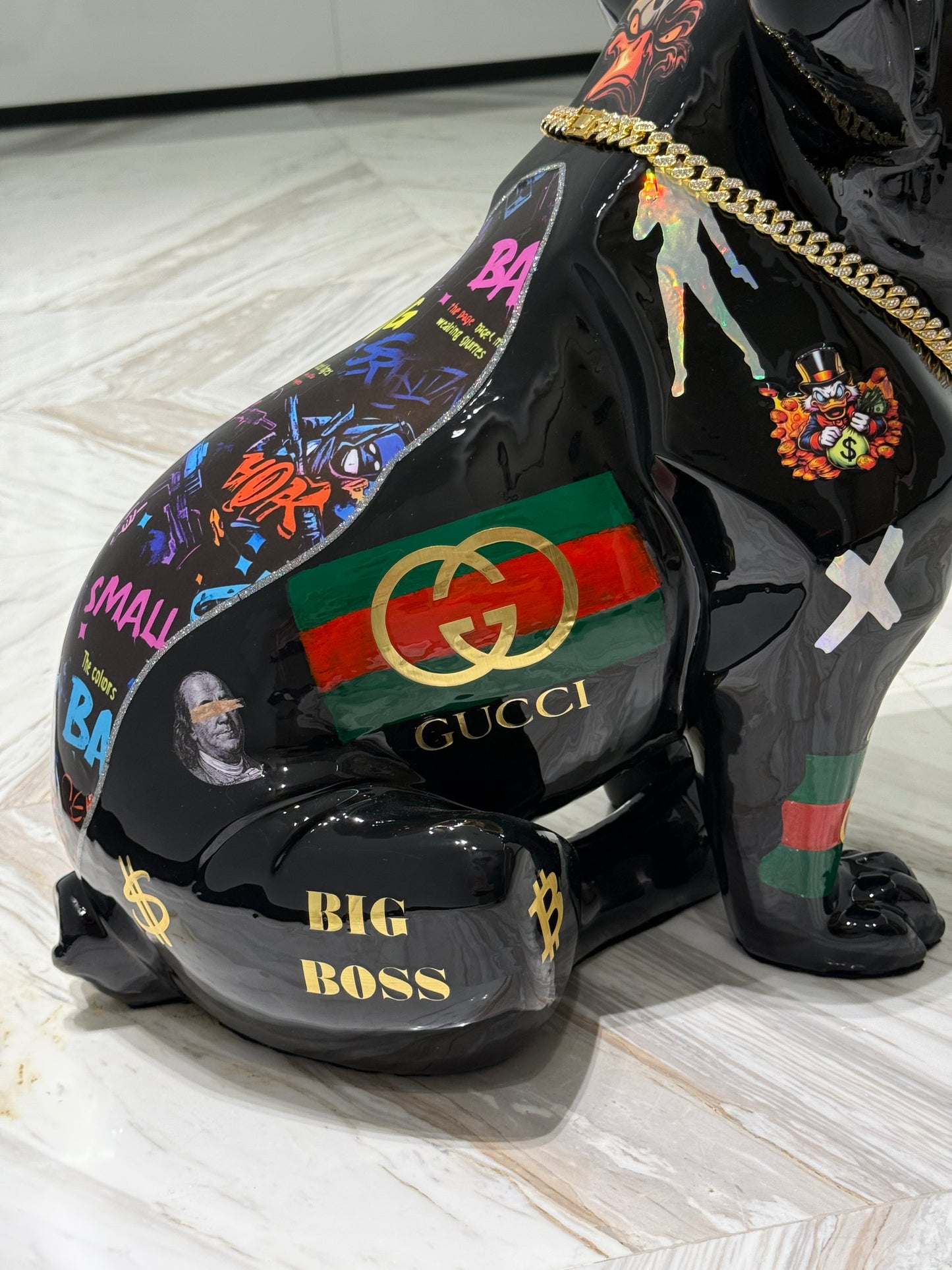 Black Gucci Dog Sculpture with Designer Accents