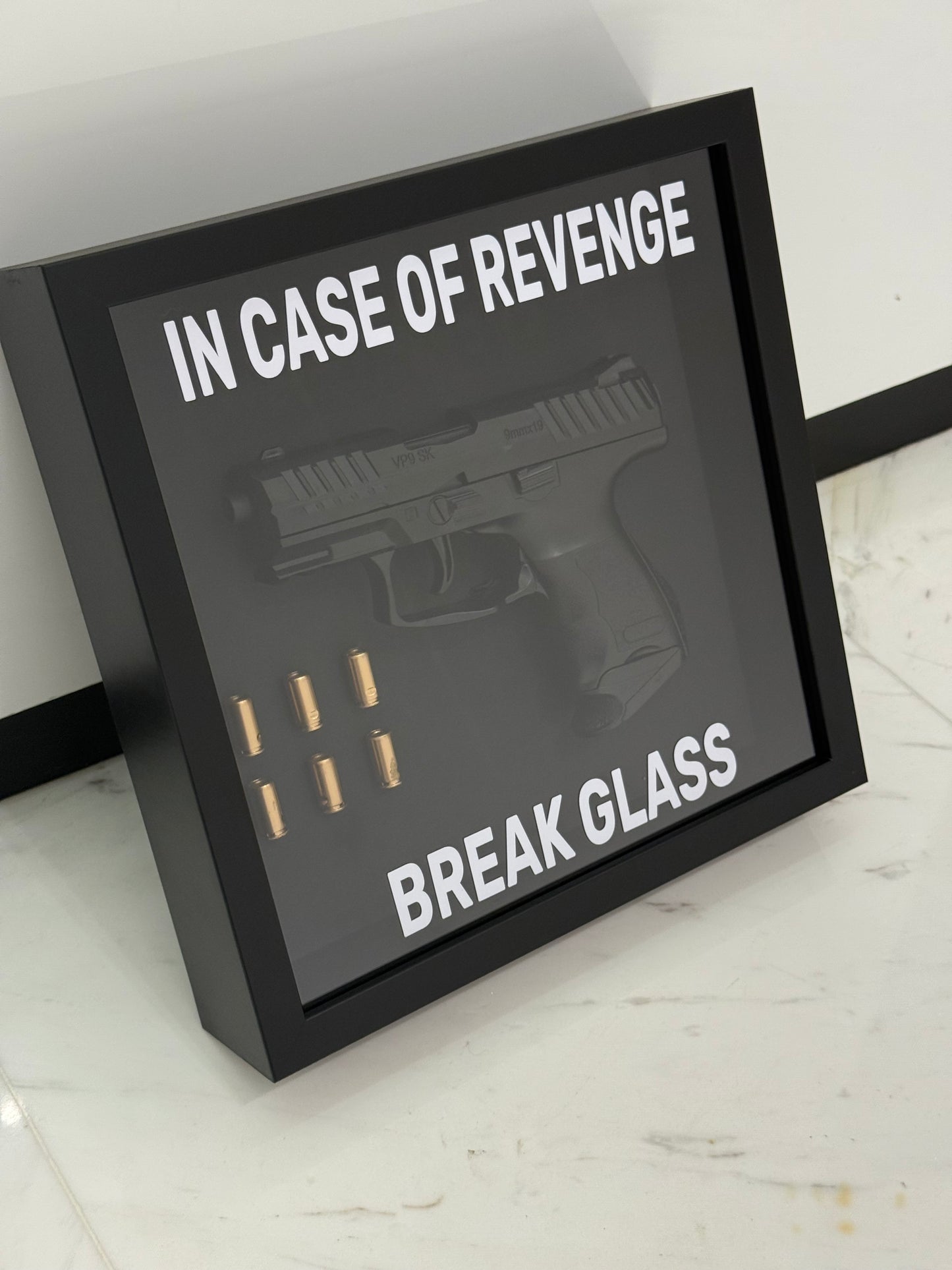 In Case of Revenge Break Glass Fake Gun Box Frame black