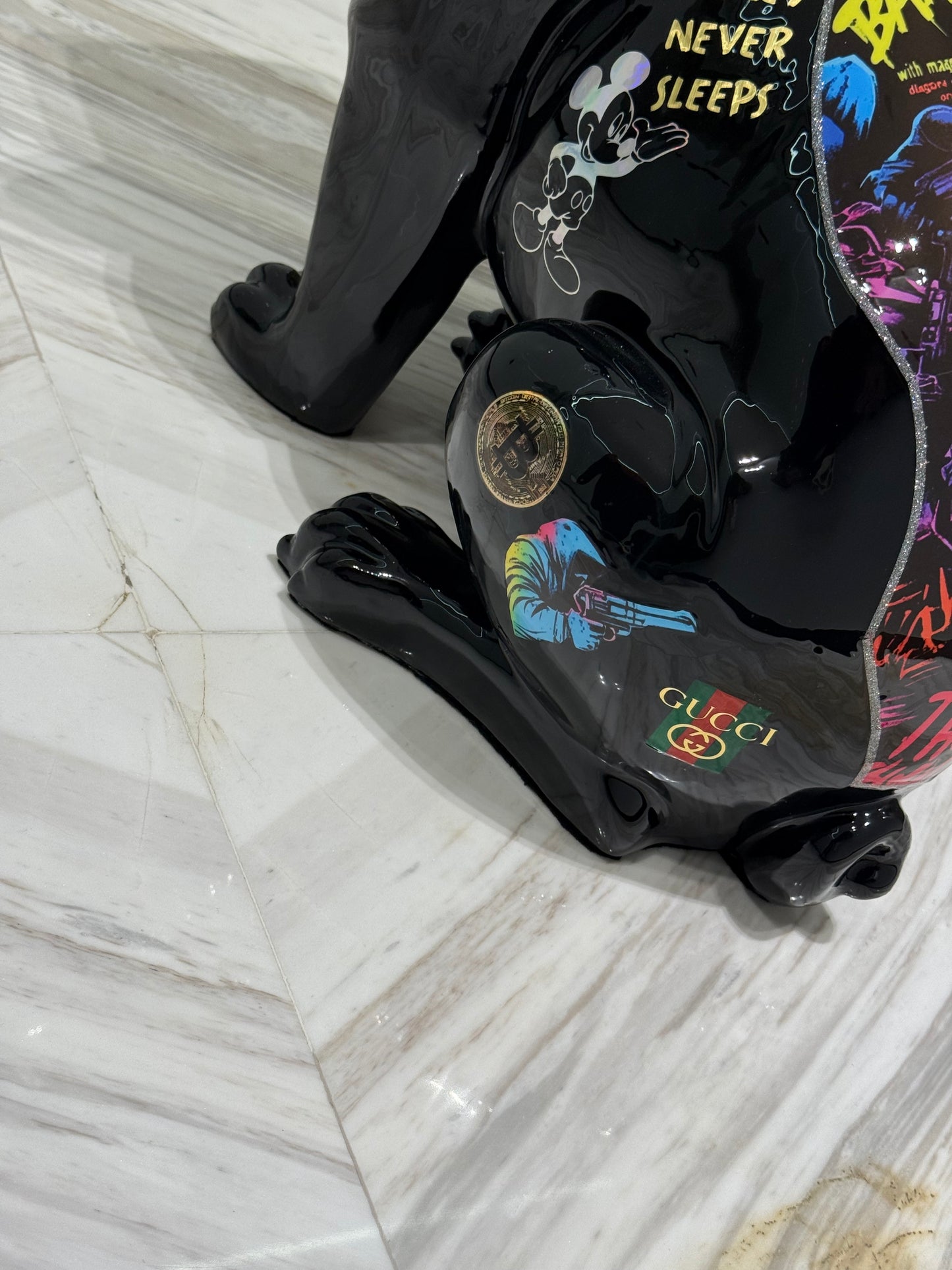 Black Gucci Dog Sculpture with Designer Accents