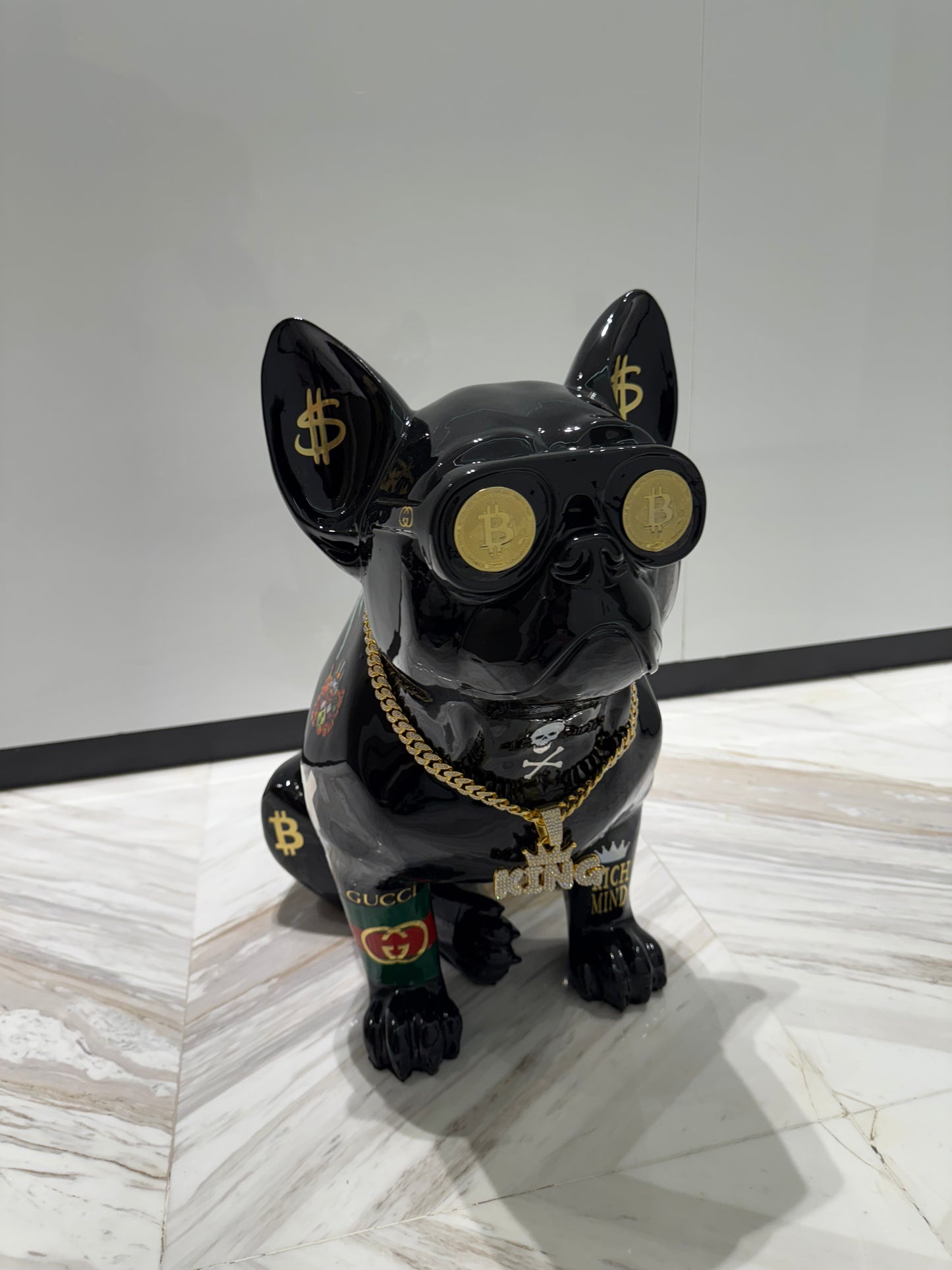Black Gucci Dog Sculpture with Designer Accents