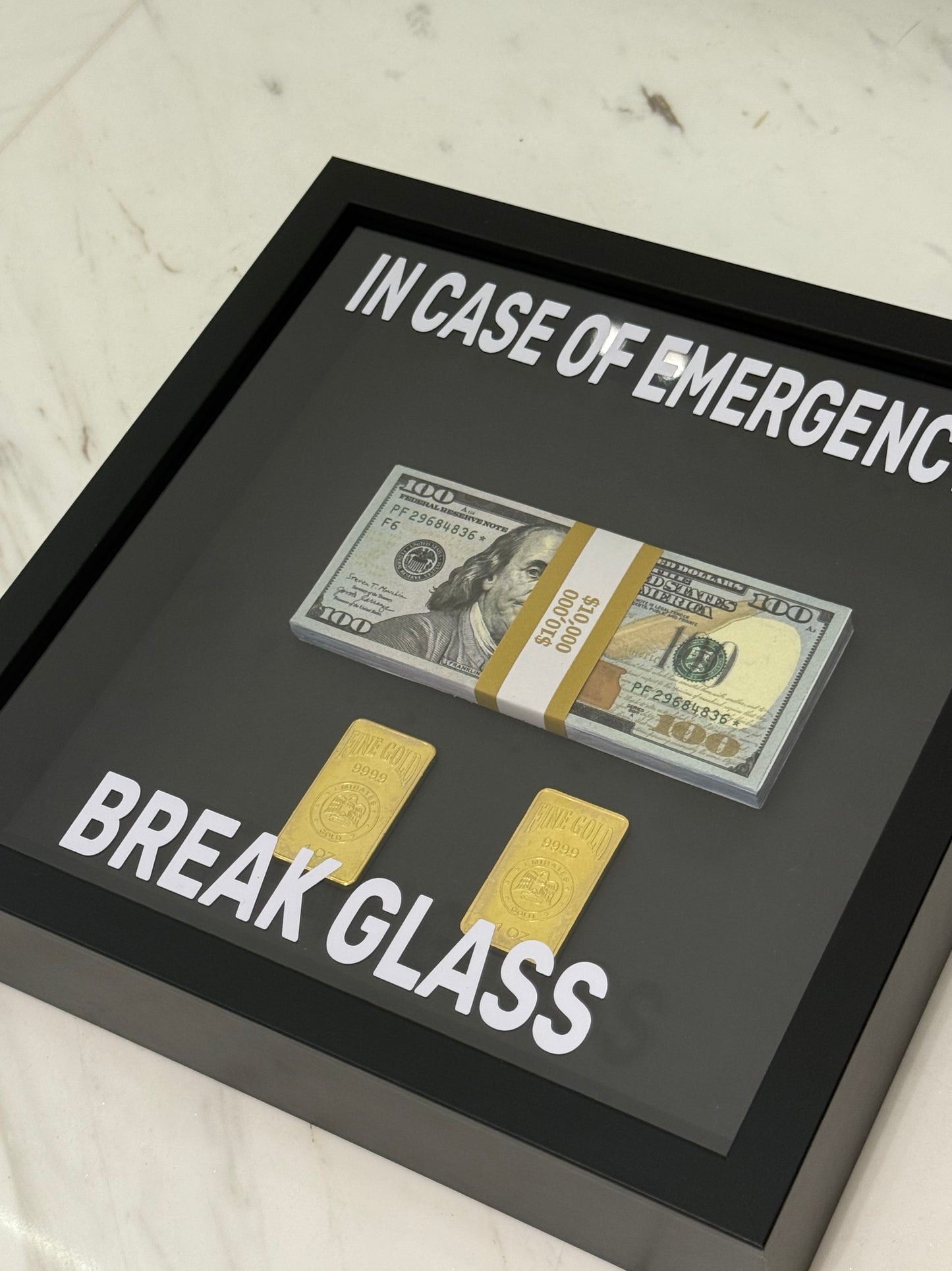 In Case of Emergency Break Glass Fine Gold and Dollar Box Frame black