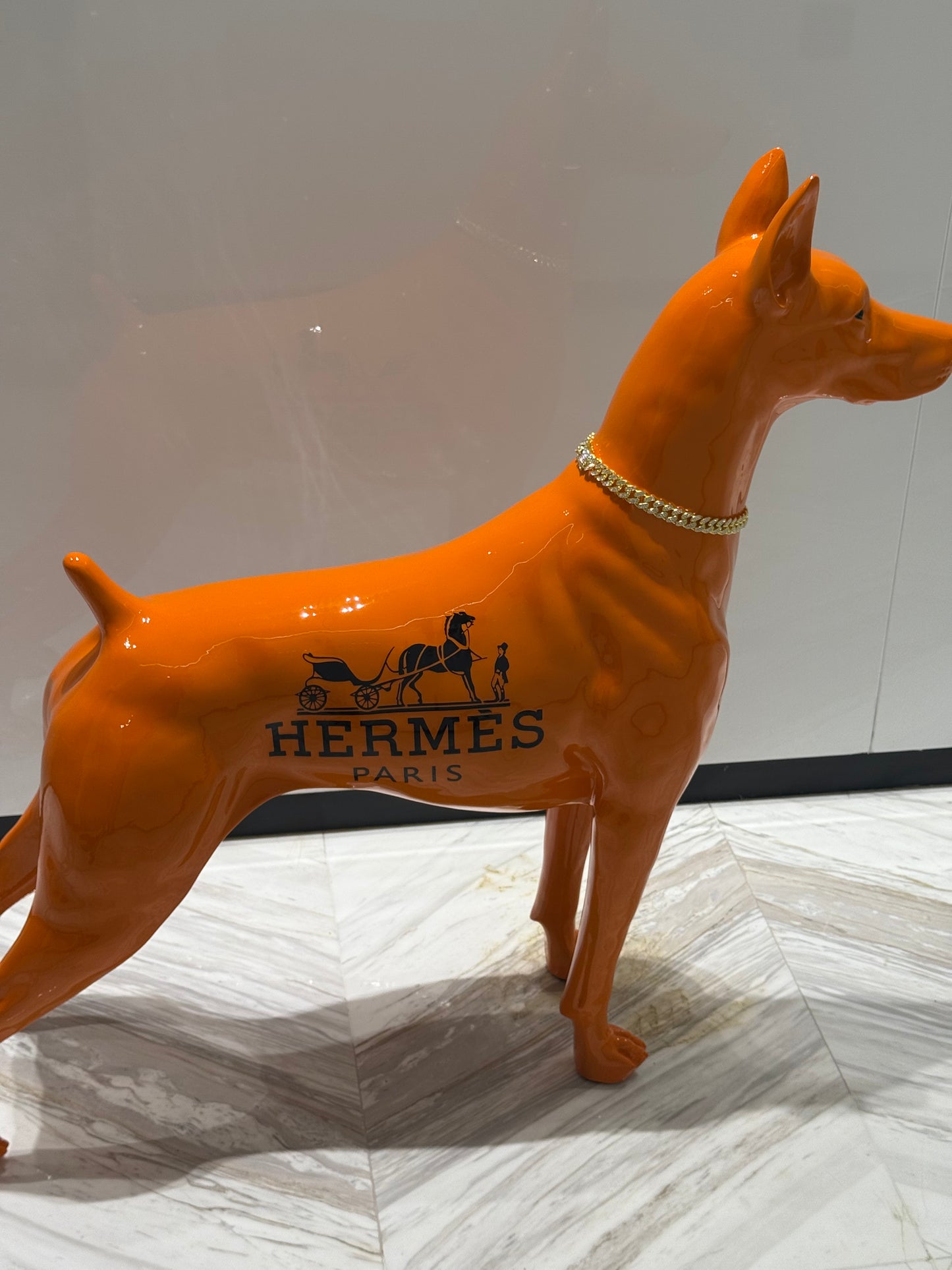 Luxury Orange Hermes Dog Sculpture with Designer Accents