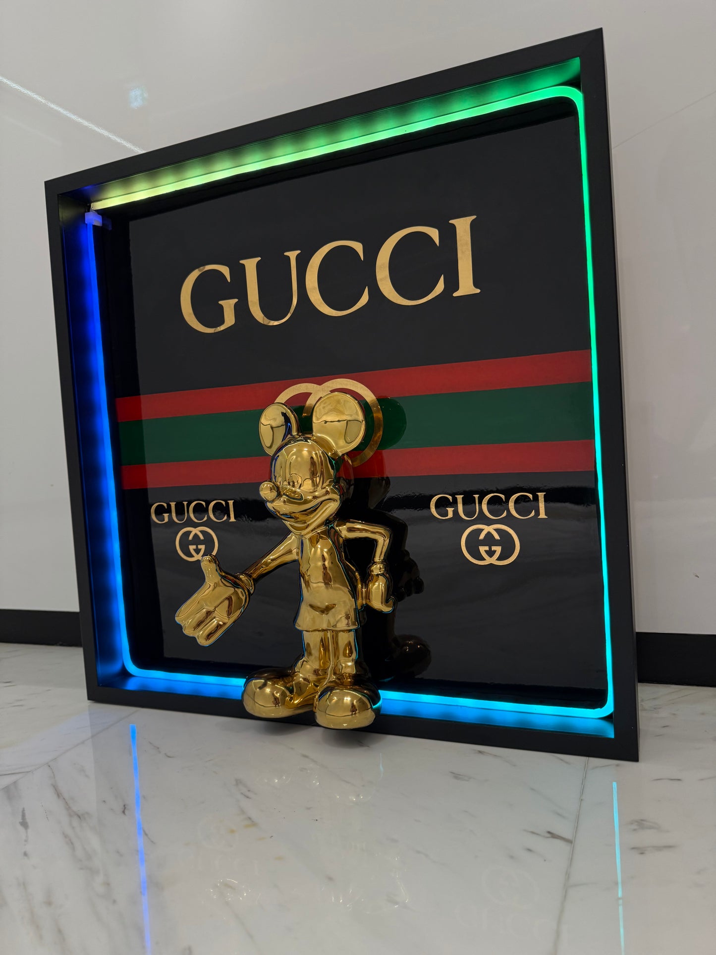 Golden Mickey in Gucci Box Frame with Light – Luxury Art That Shines