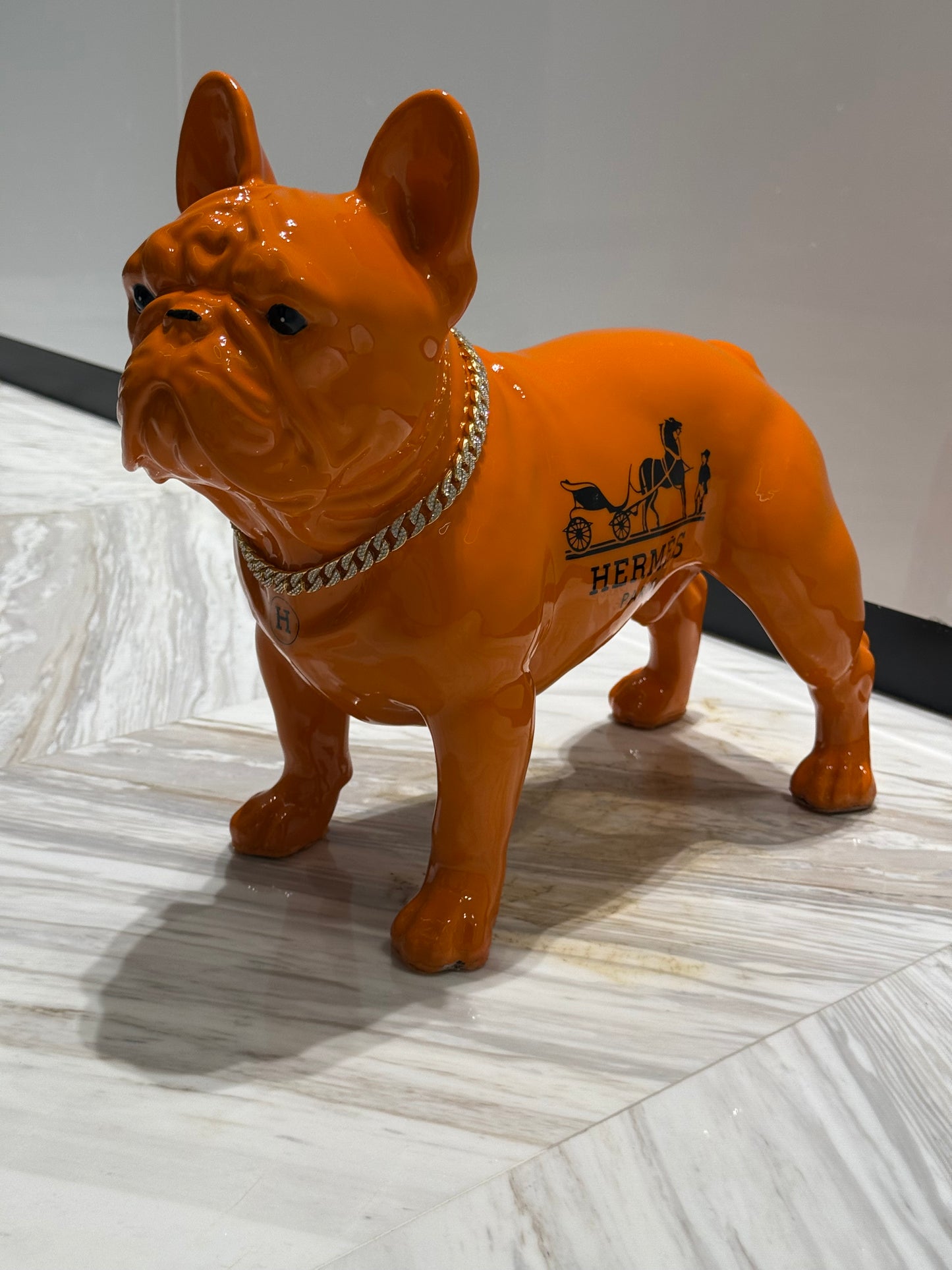 Orange Hermes Dog Sculpture with Designer Accents