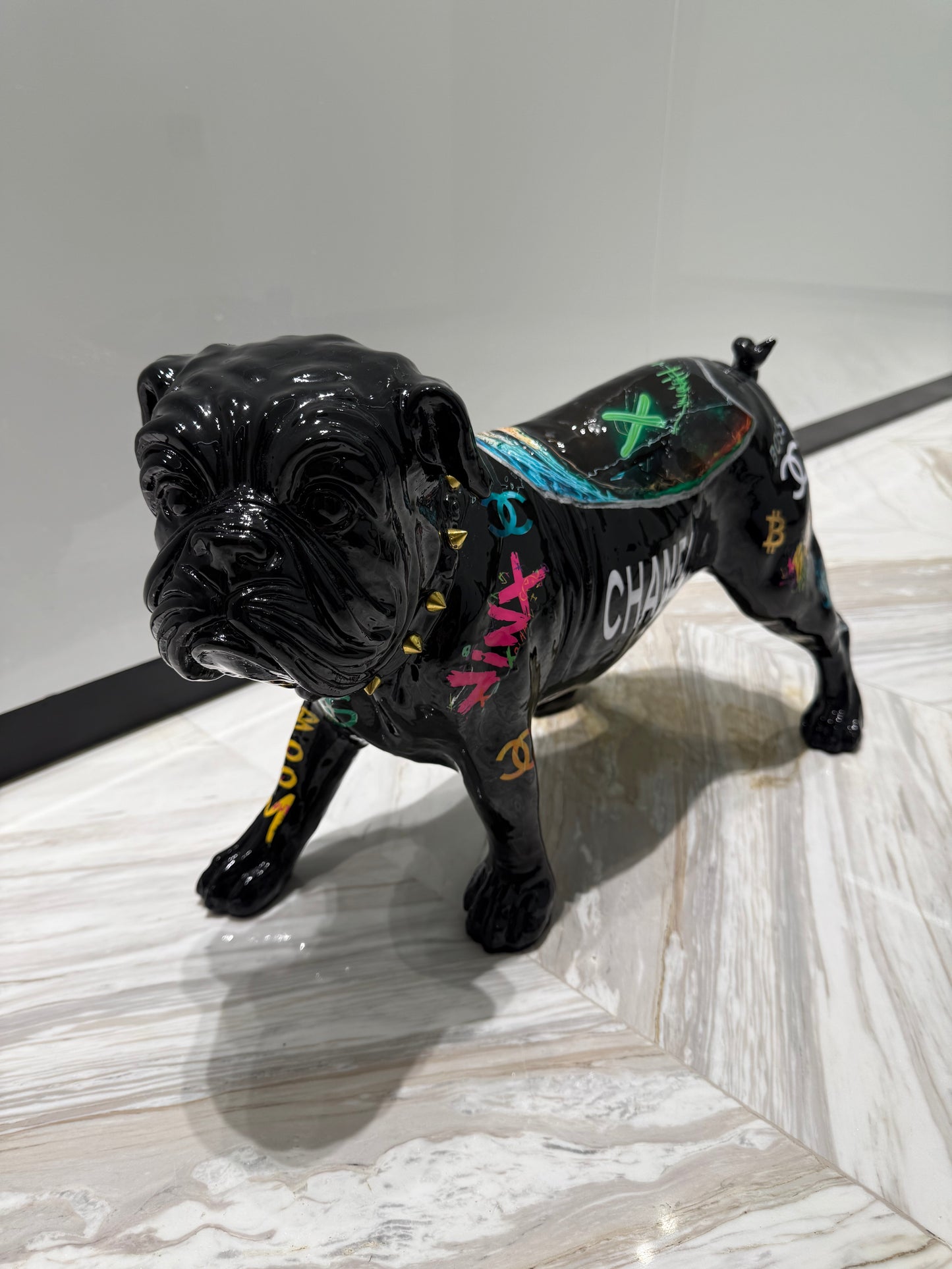 Black Chanel Dog Sculpture with Designer Accents