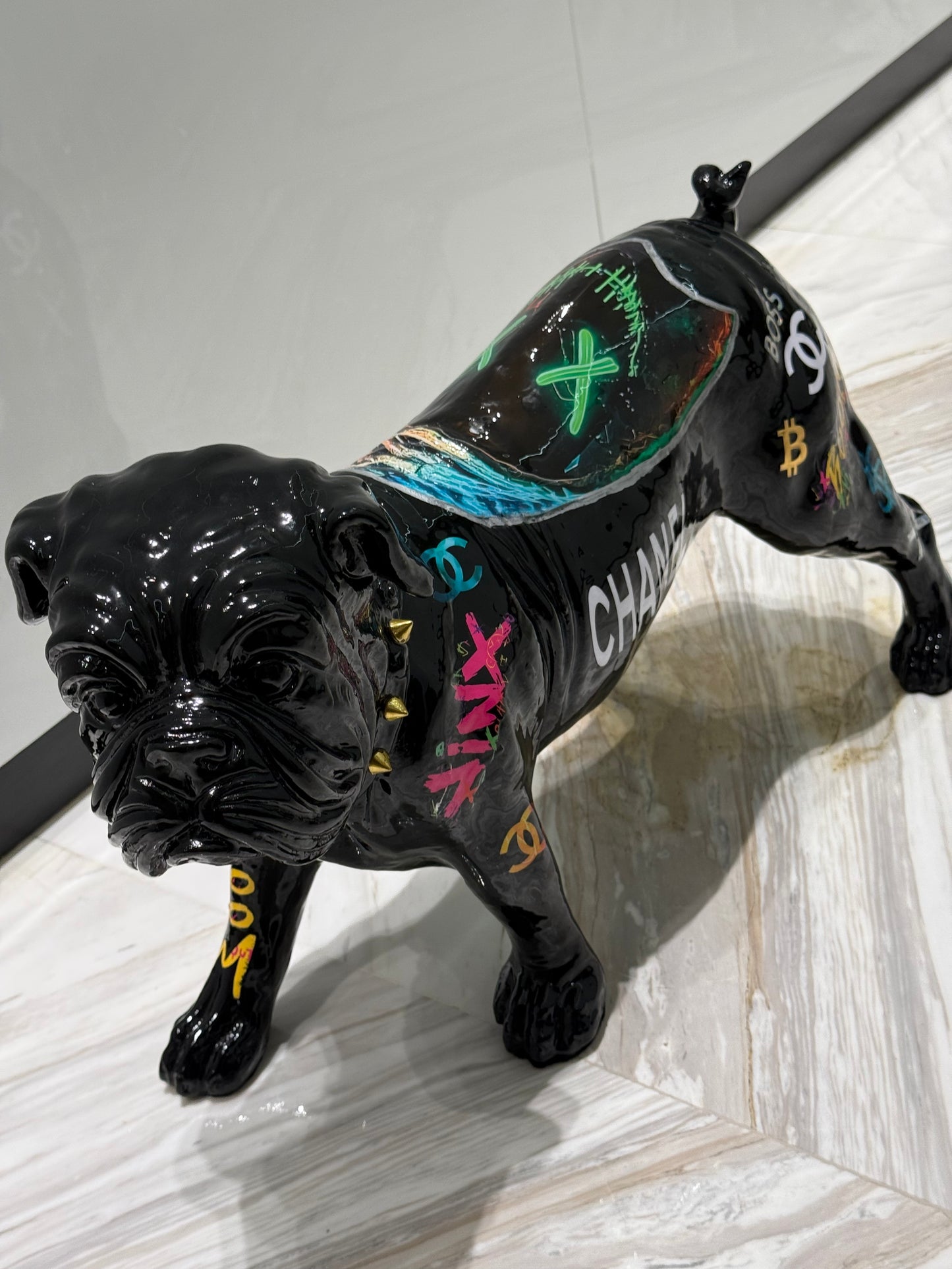 Black Chanel Dog Sculpture with Designer Accents