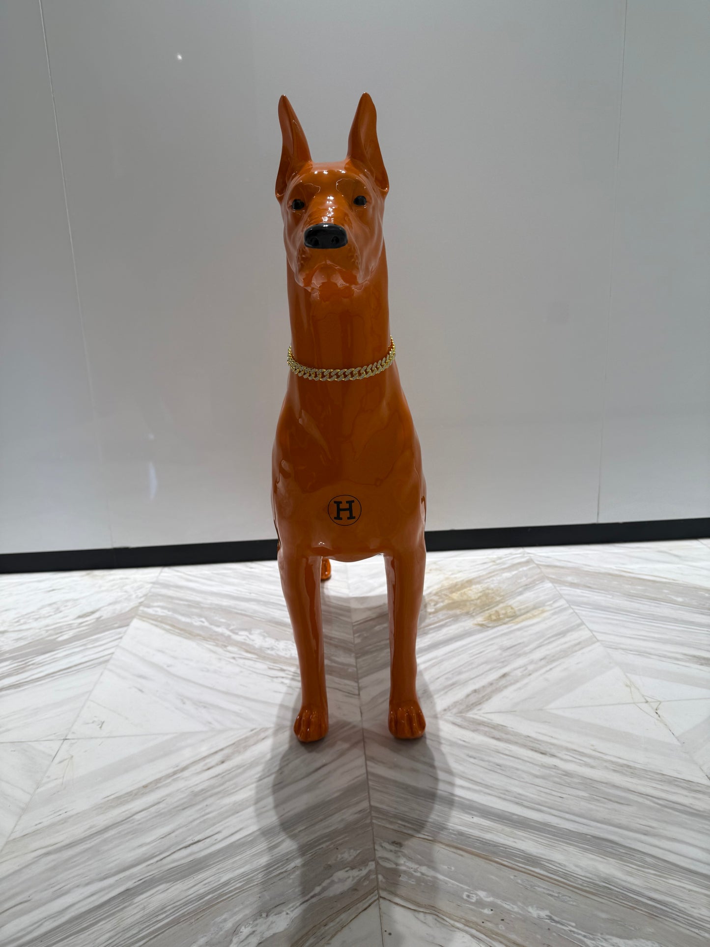 Luxury Orange Hermes Dog Sculpture with Designer Accents