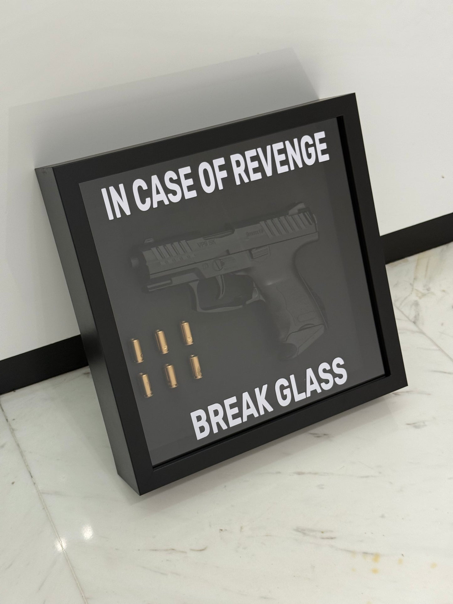 In Case of Revenge Break Glass Fake Gun Box Frame black