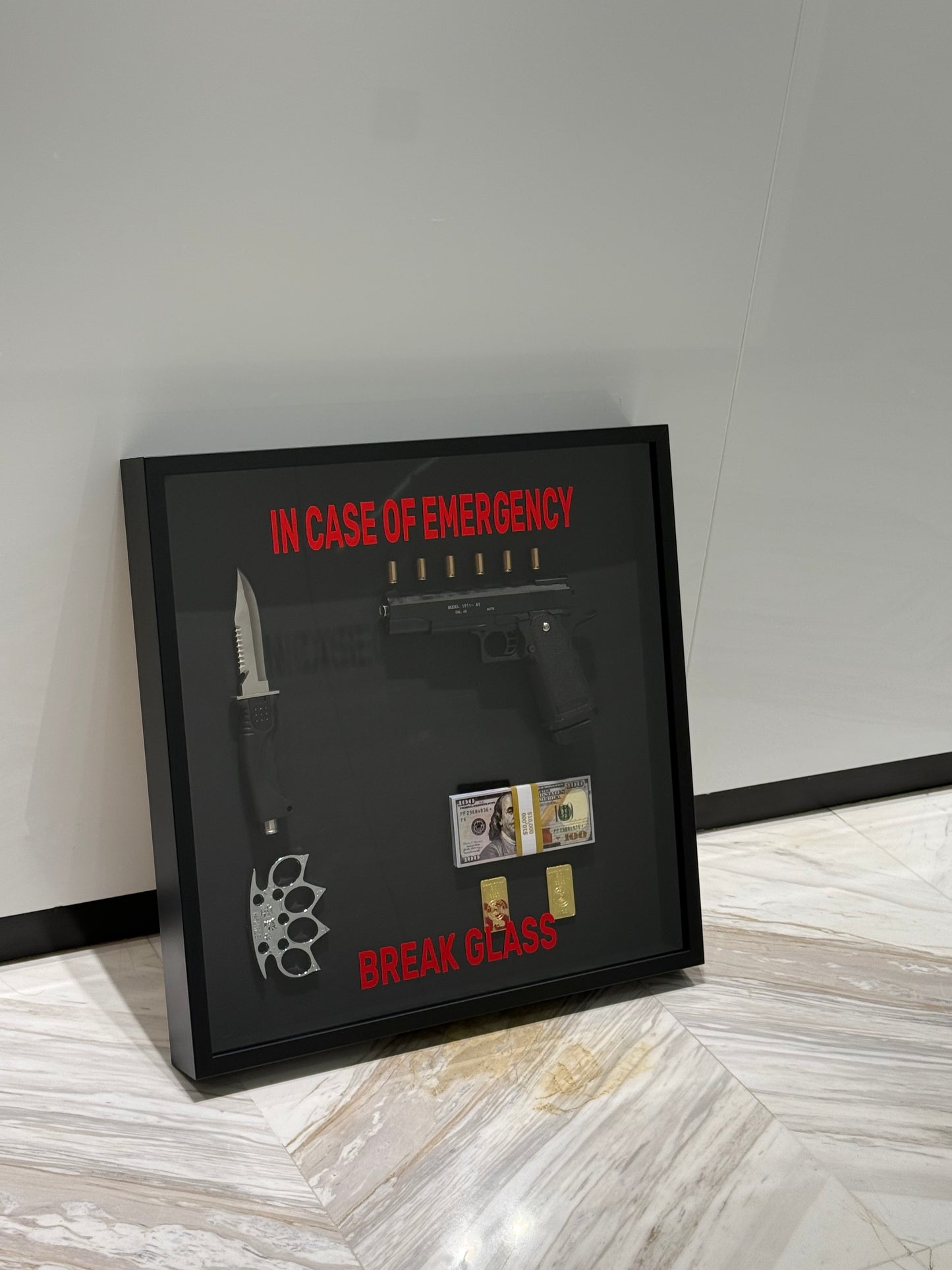 In Case of Emergency Break Glass Gun Gold and Dollar Big Box Frame black
