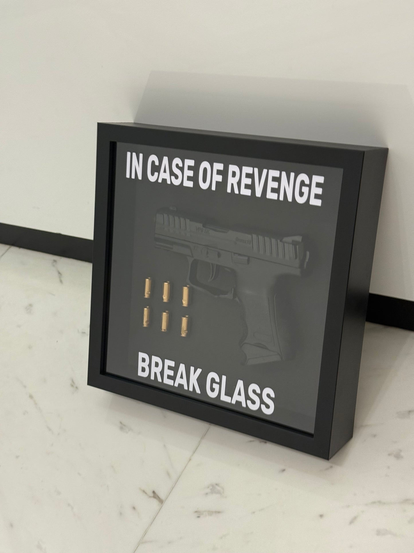 In Case of Revenge Break Glass Fake Gun Box Frame black