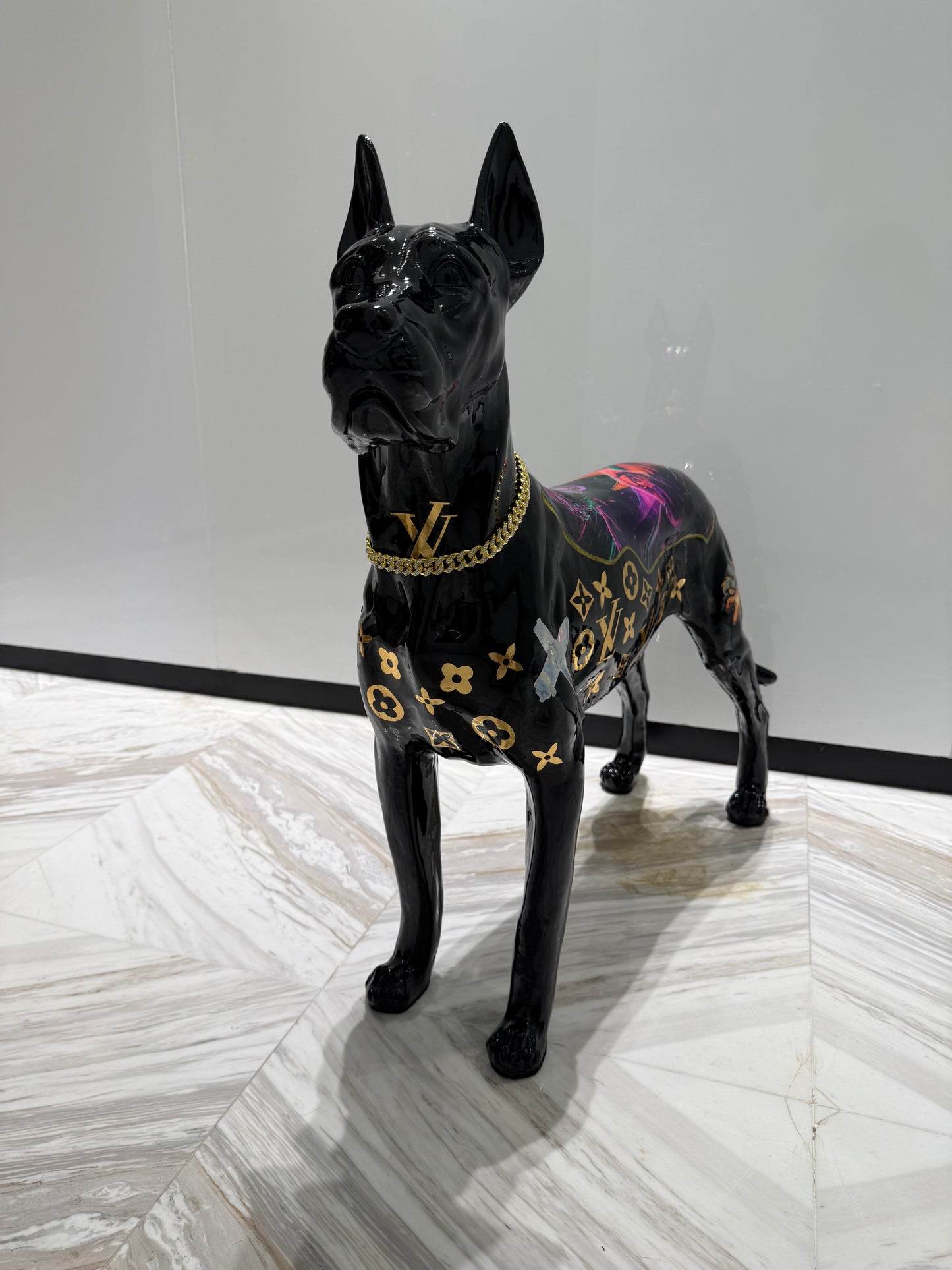 Luxury Black Dog Sculpture with Designer Accents