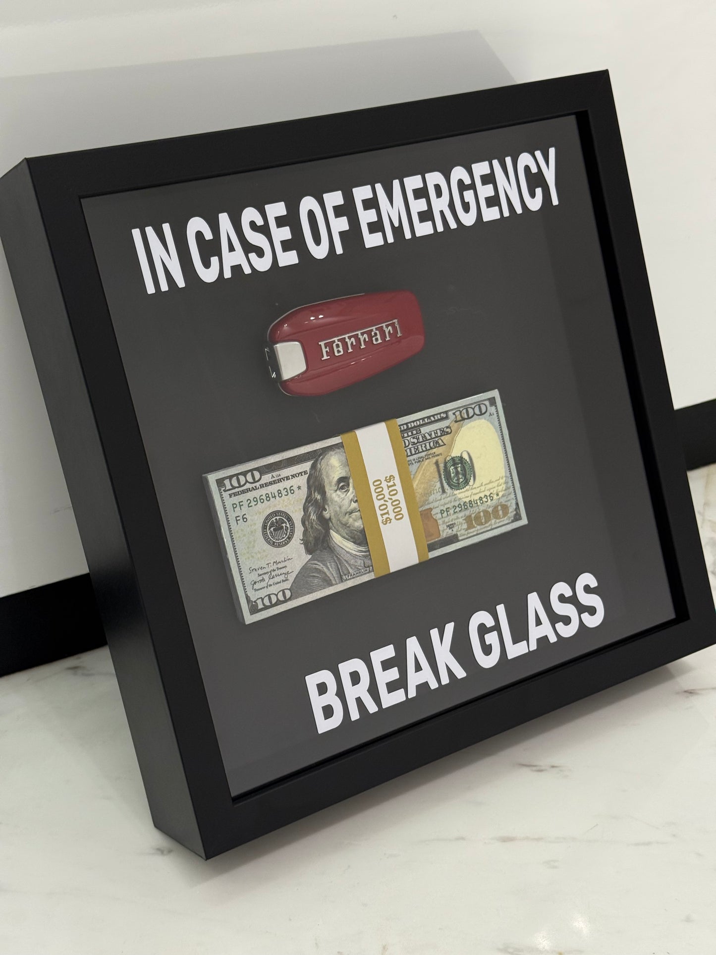 In Case of Emergency Box Frame – Ferrari Key & Luxury Cash Stack