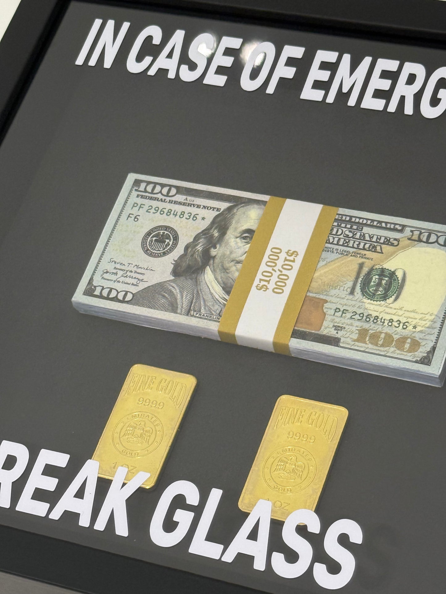 In Case of Emergency Break Glass Fine Gold and Dollar Box Frame black