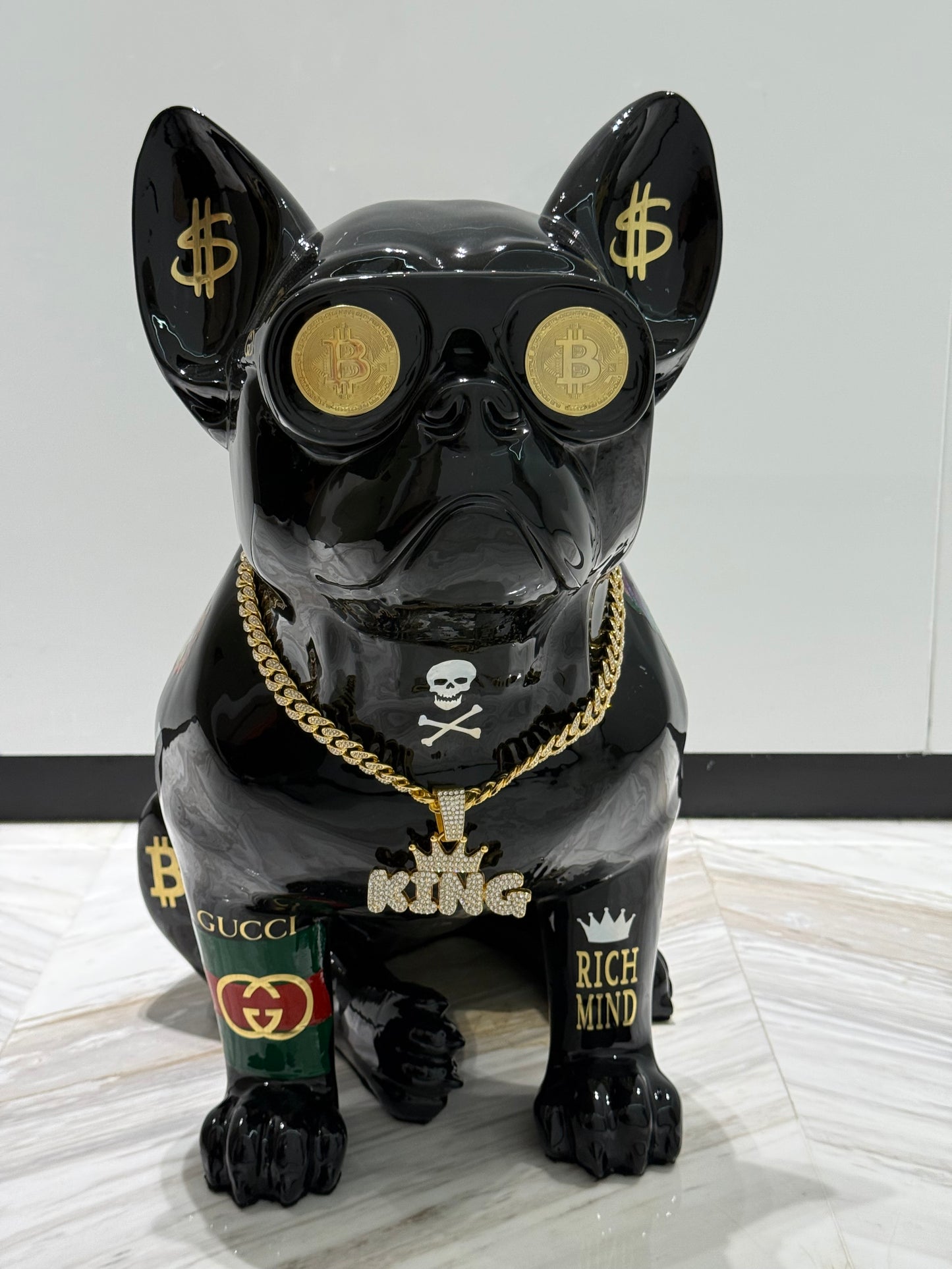 Black Gucci Dog Sculpture with Designer Accents