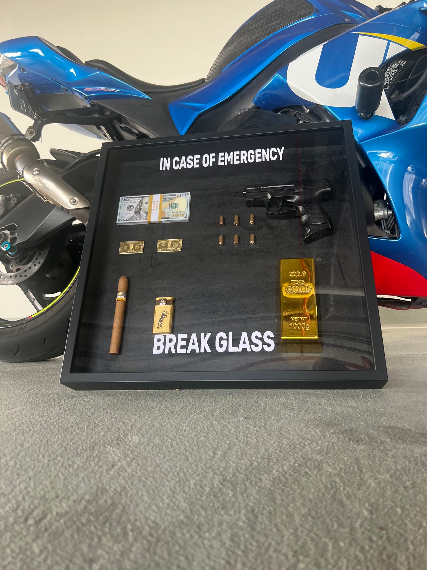 In Case of Emergency Break Glass Gun Gold and Dollar Big Box Frame black