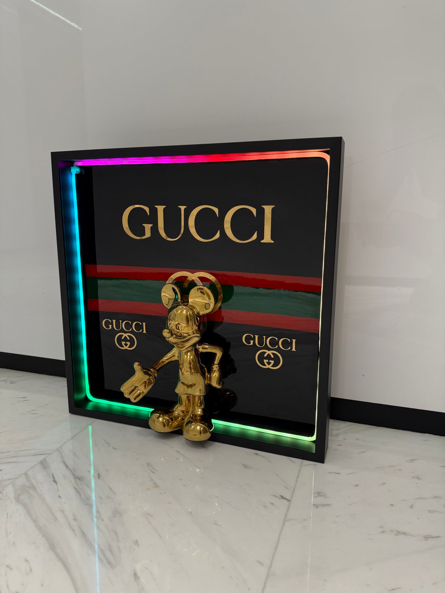Golden Mickey in Gucci Box Frame with Light – Luxury Art That Shines
