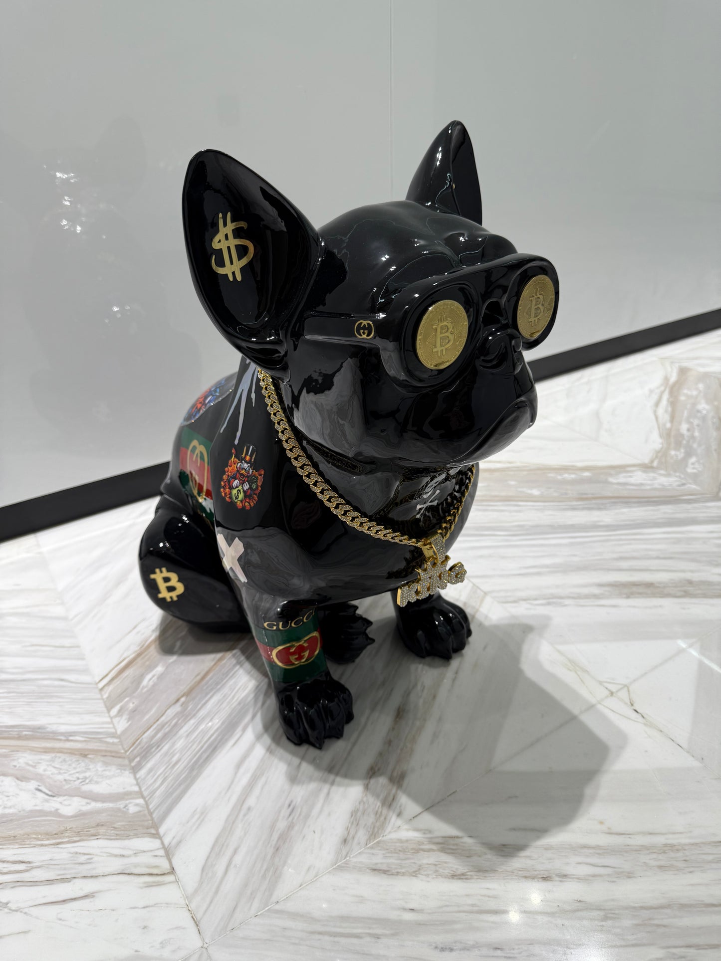 Black Gucci Dog Sculpture with Designer Accents
