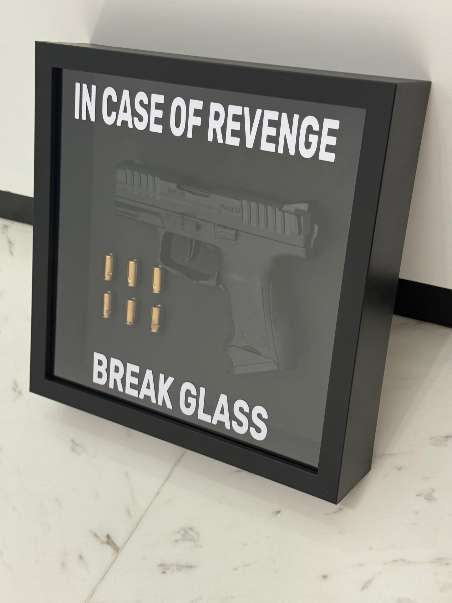 In Case of Revenge Break Glass Fake Gun Box Frame black