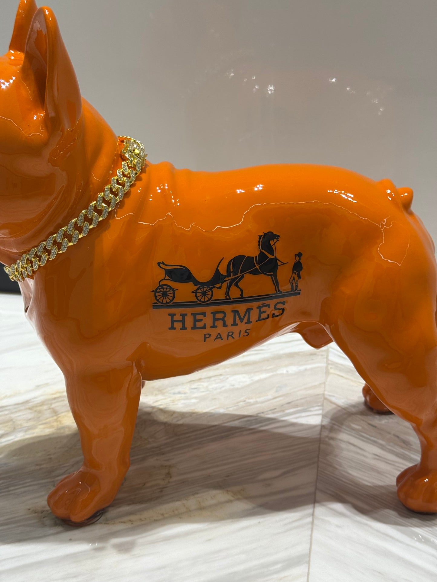 Orange Hermes Dog Sculpture with Designer Accents