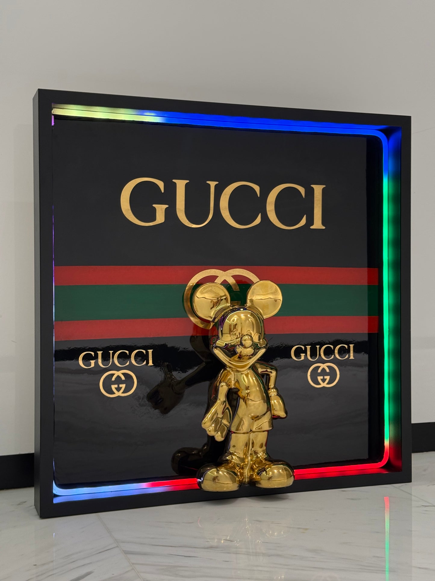 Golden Mickey in Gucci Box Frame with Light – Luxury Art That Shines