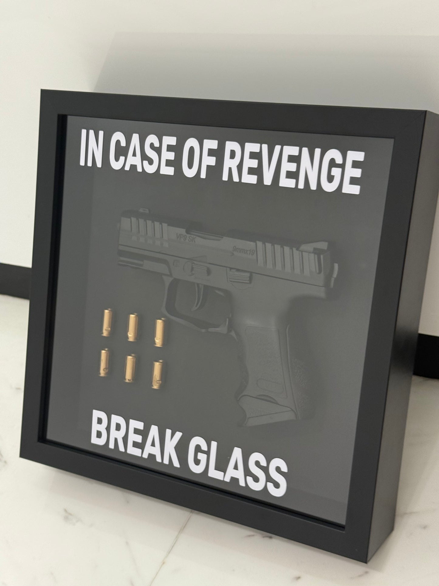 In Case of Revenge Break Glass Fake Gun Box Frame black