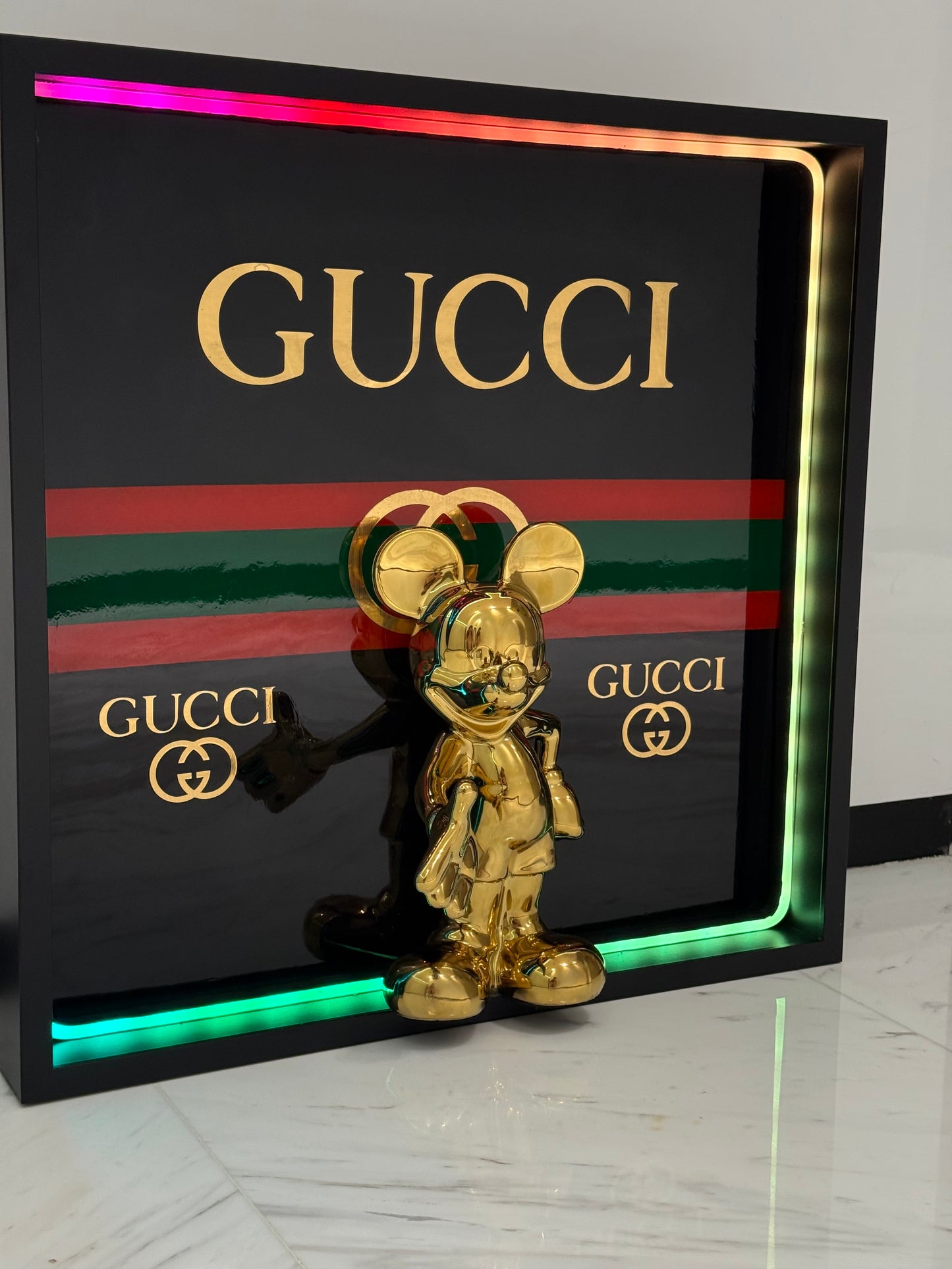 Golden Mickey in Gucci Box Frame with Light – Luxury Art That Shines