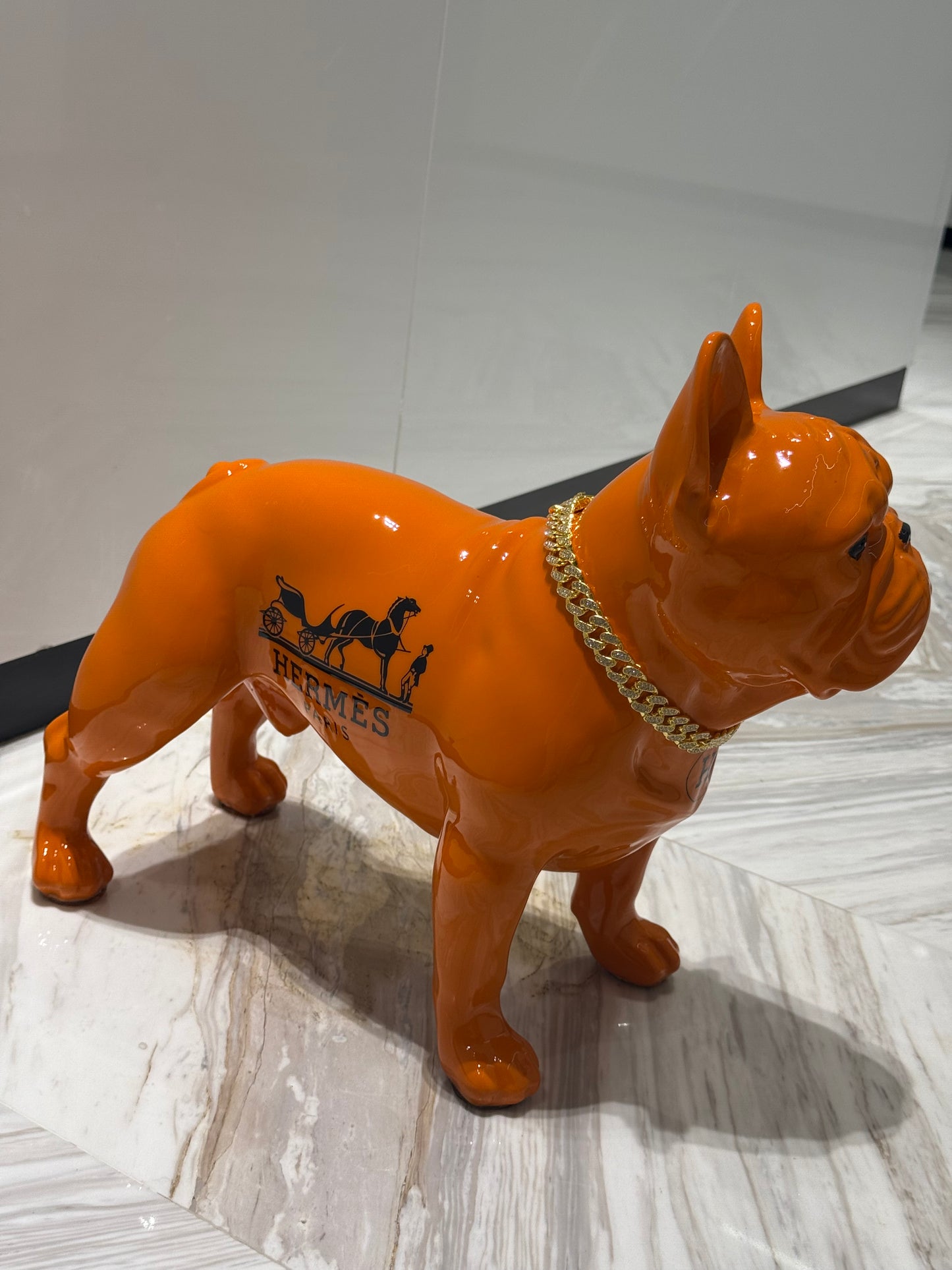Orange Hermes Dog Sculpture with Designer Accents