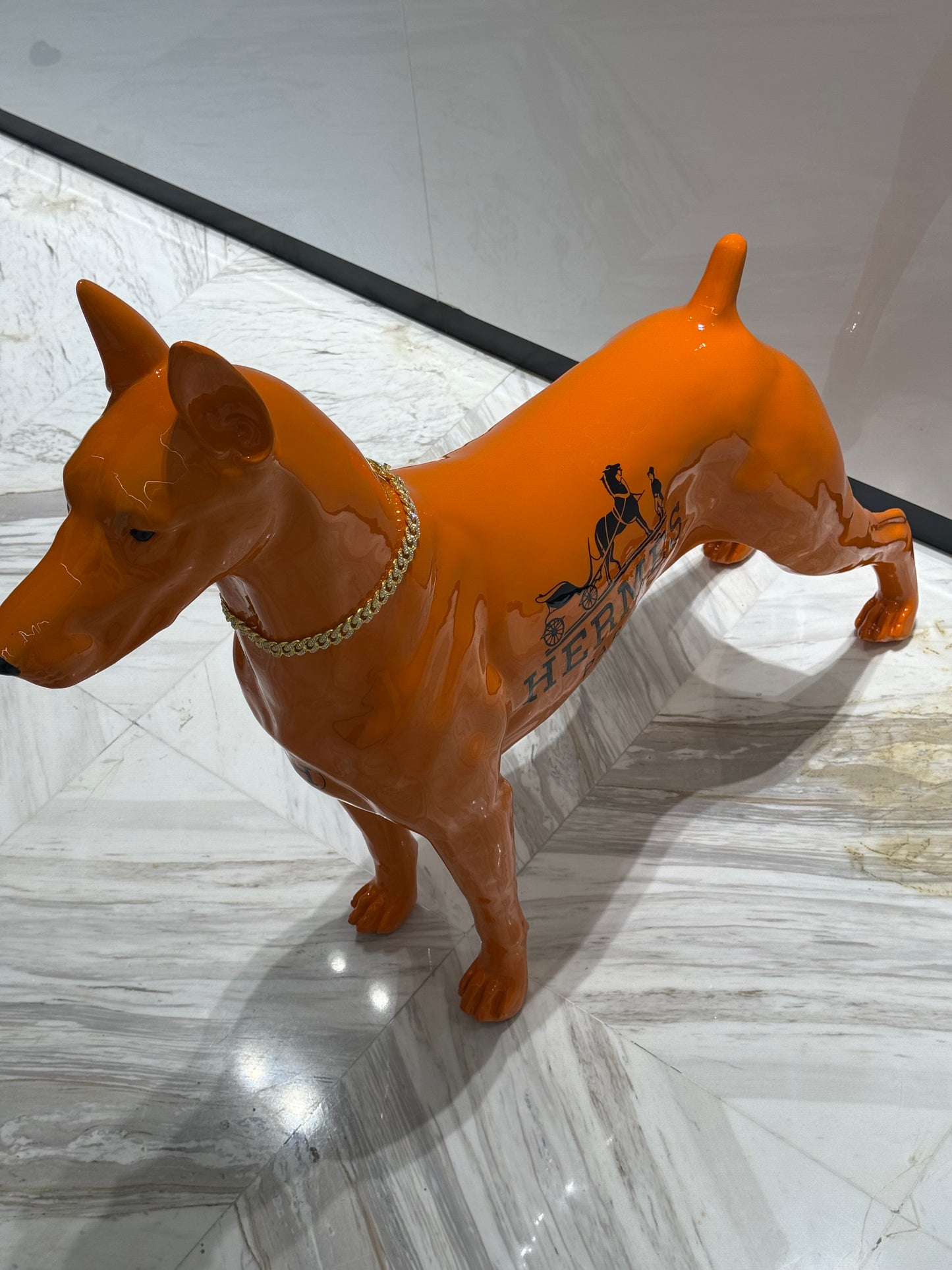 Luxury Orange Hermes Dog Sculpture with Designer Accents
