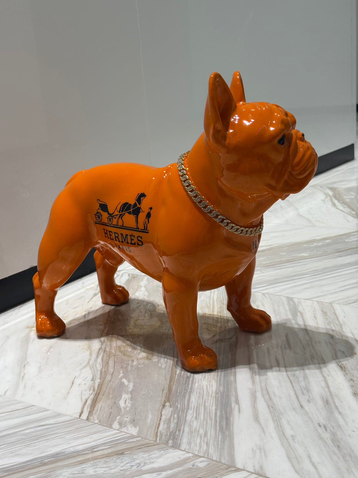 Orange Hermes Dog Sculpture with Designer Accents