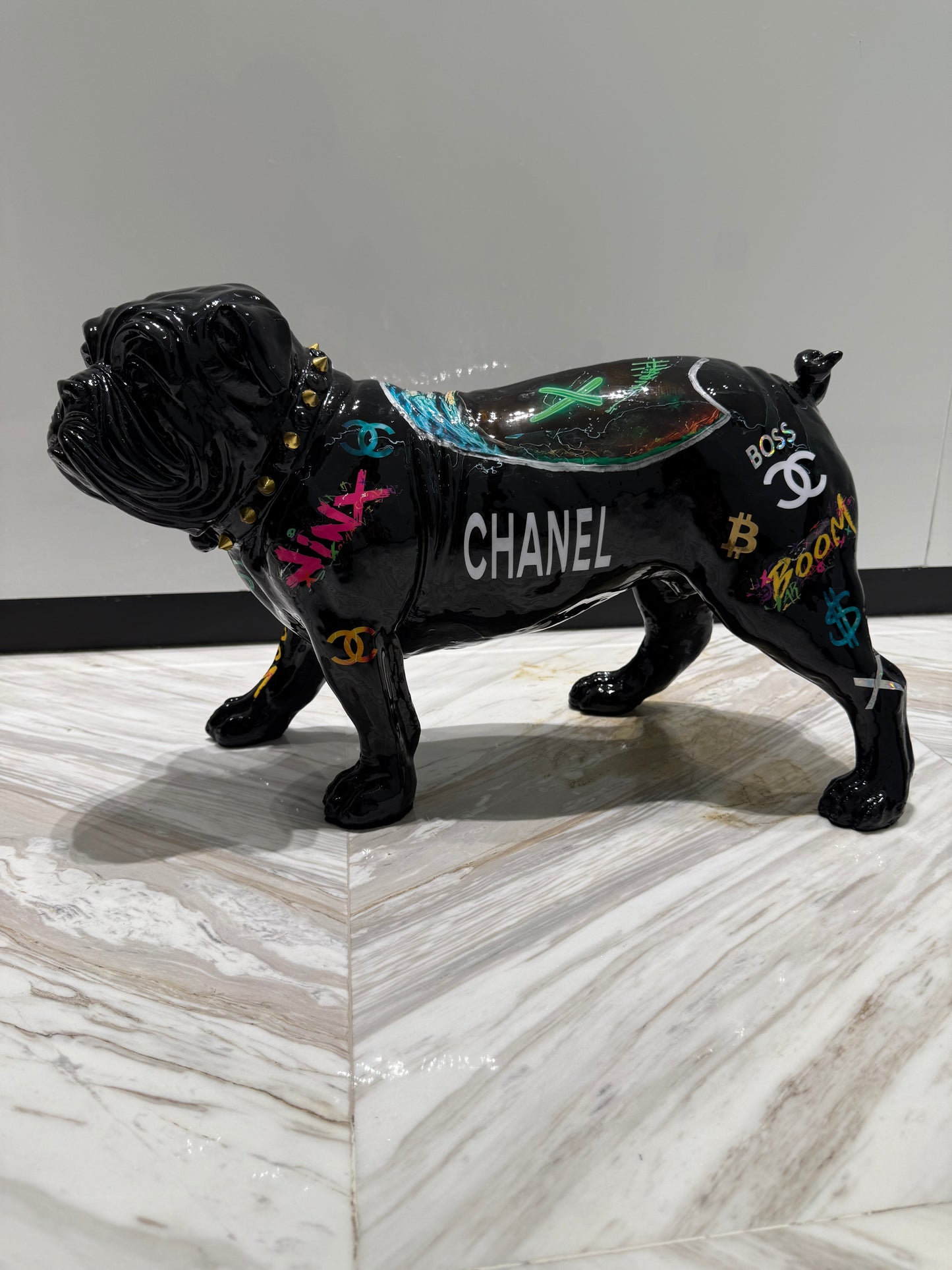 Black Chanel Dog Sculpture with Designer Accents