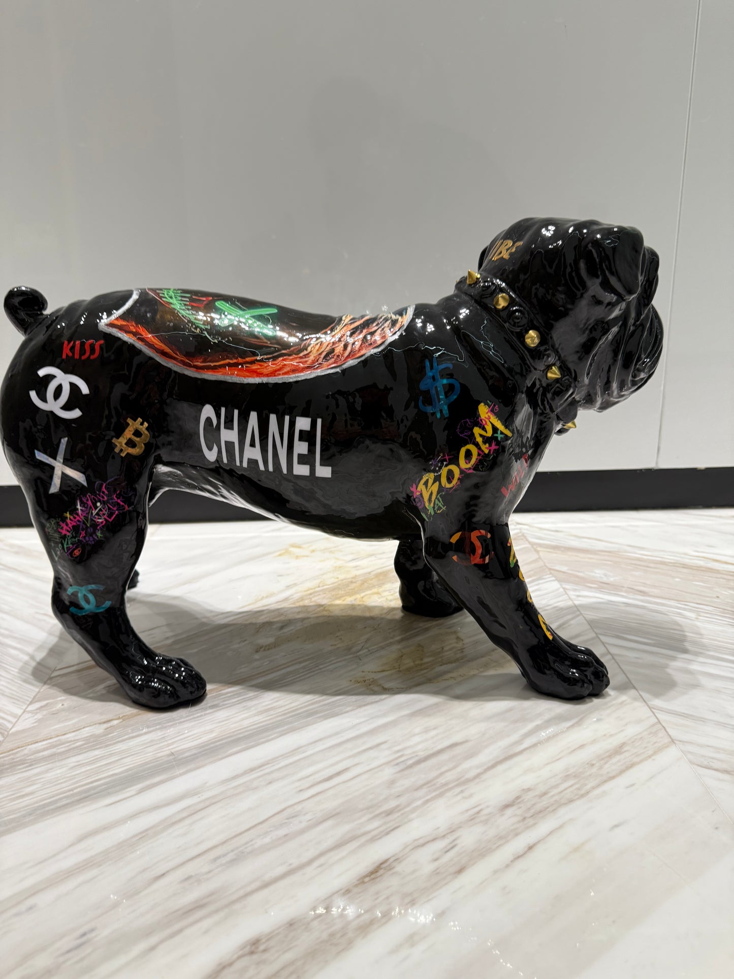 Black Chanel Dog Sculpture with Designer Accents