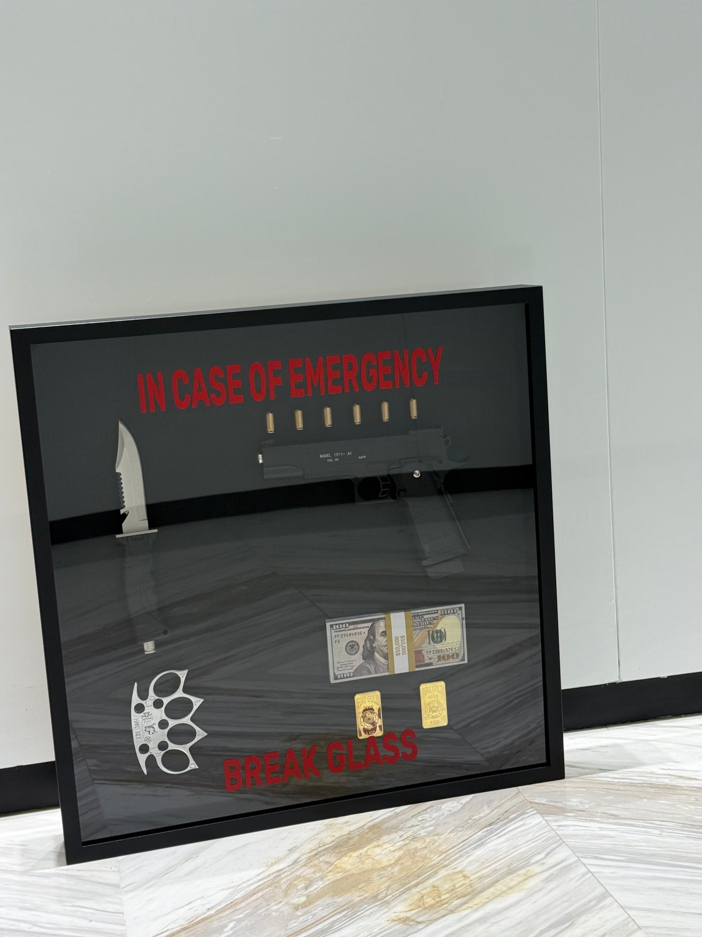 In Case of Emergency Break Glass Gun Gold and Dollar Big Box Frame black