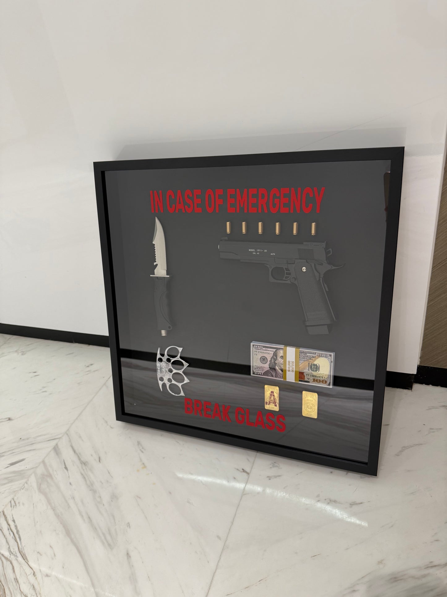 In Case of Emergency Break Glass Gun Gold and Dollar Big Box Frame black