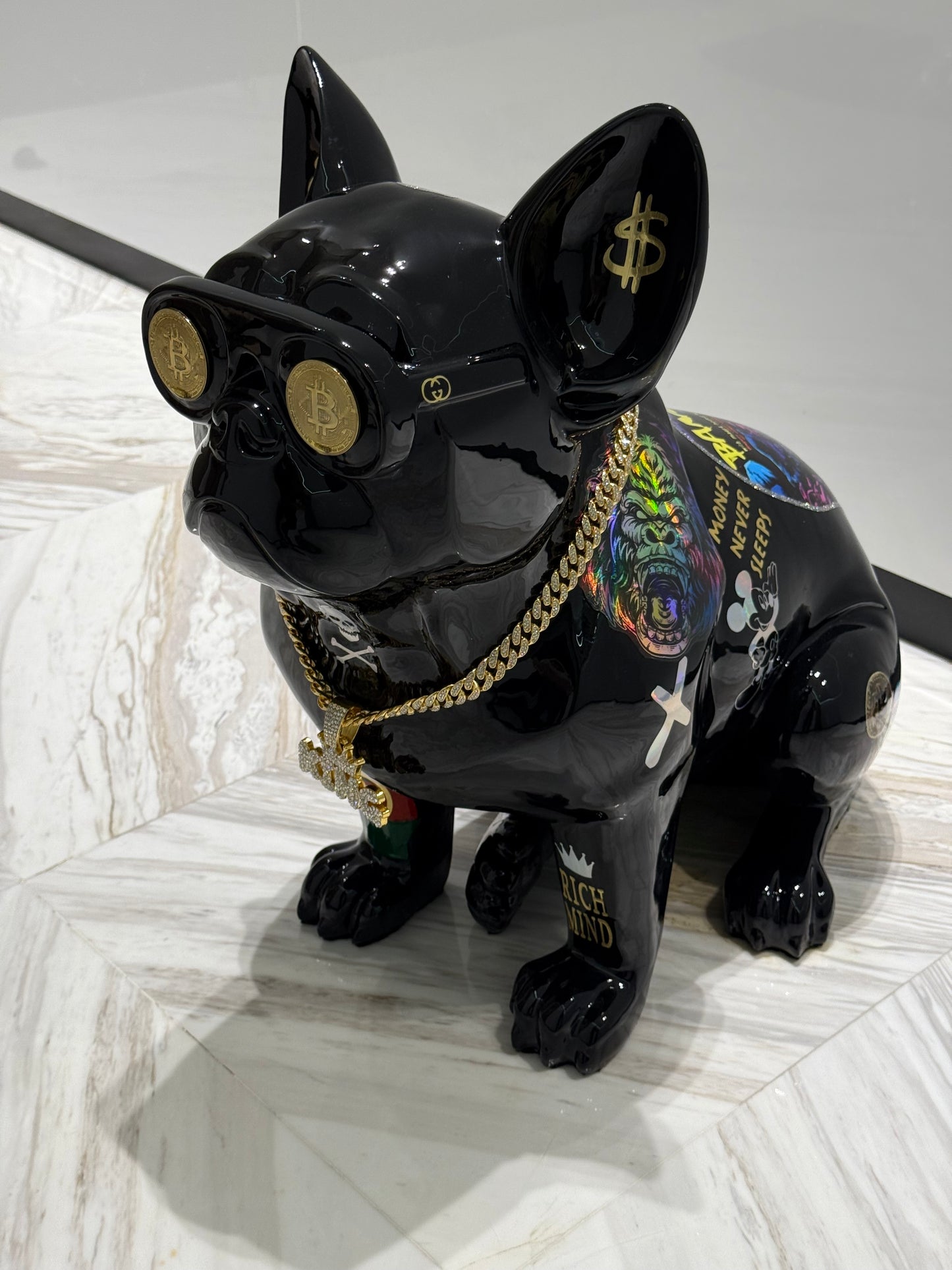 Black Gucci Dog Sculpture with Designer Accents