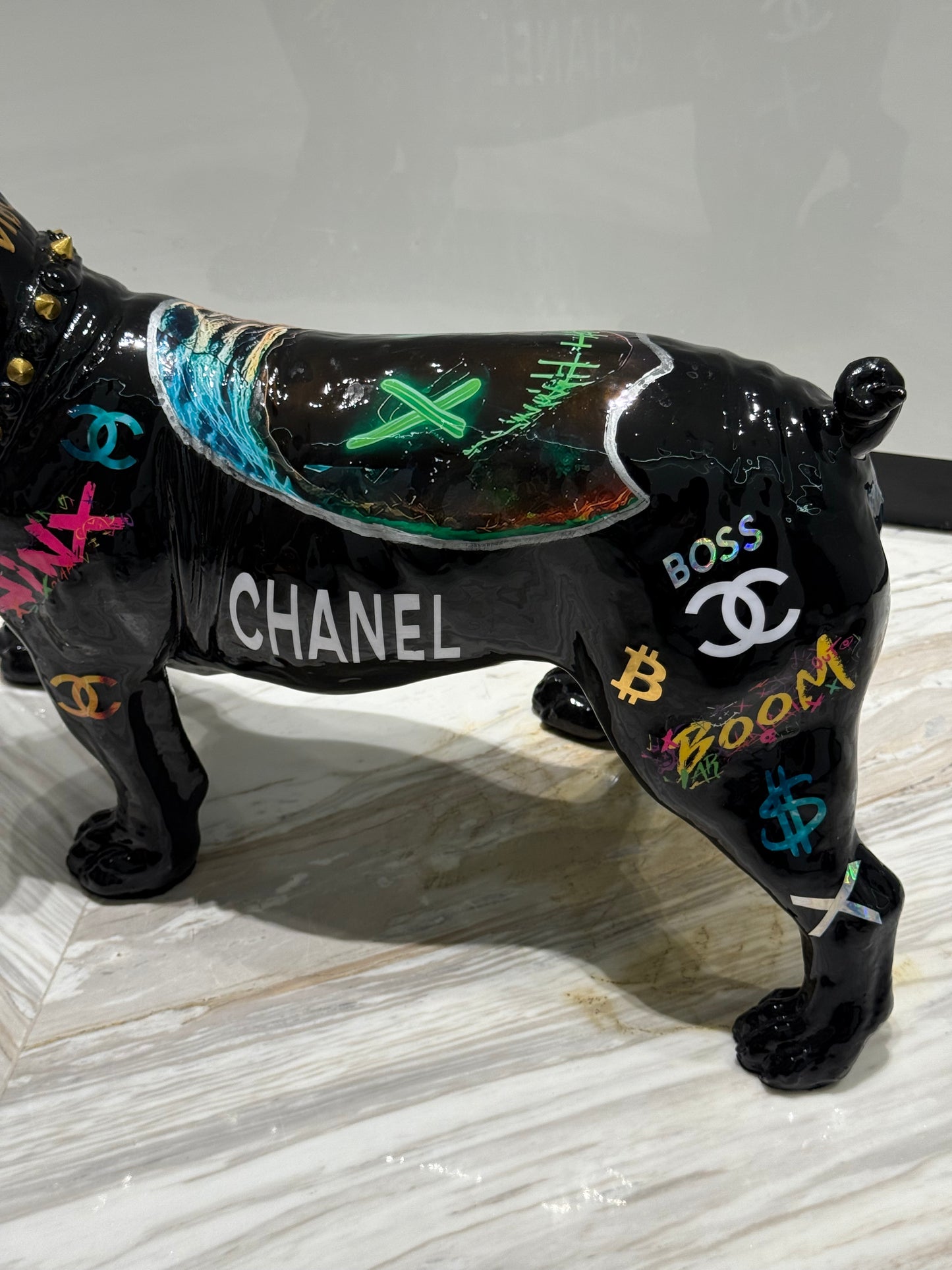 Black Chanel Dog Sculpture with Designer Accents