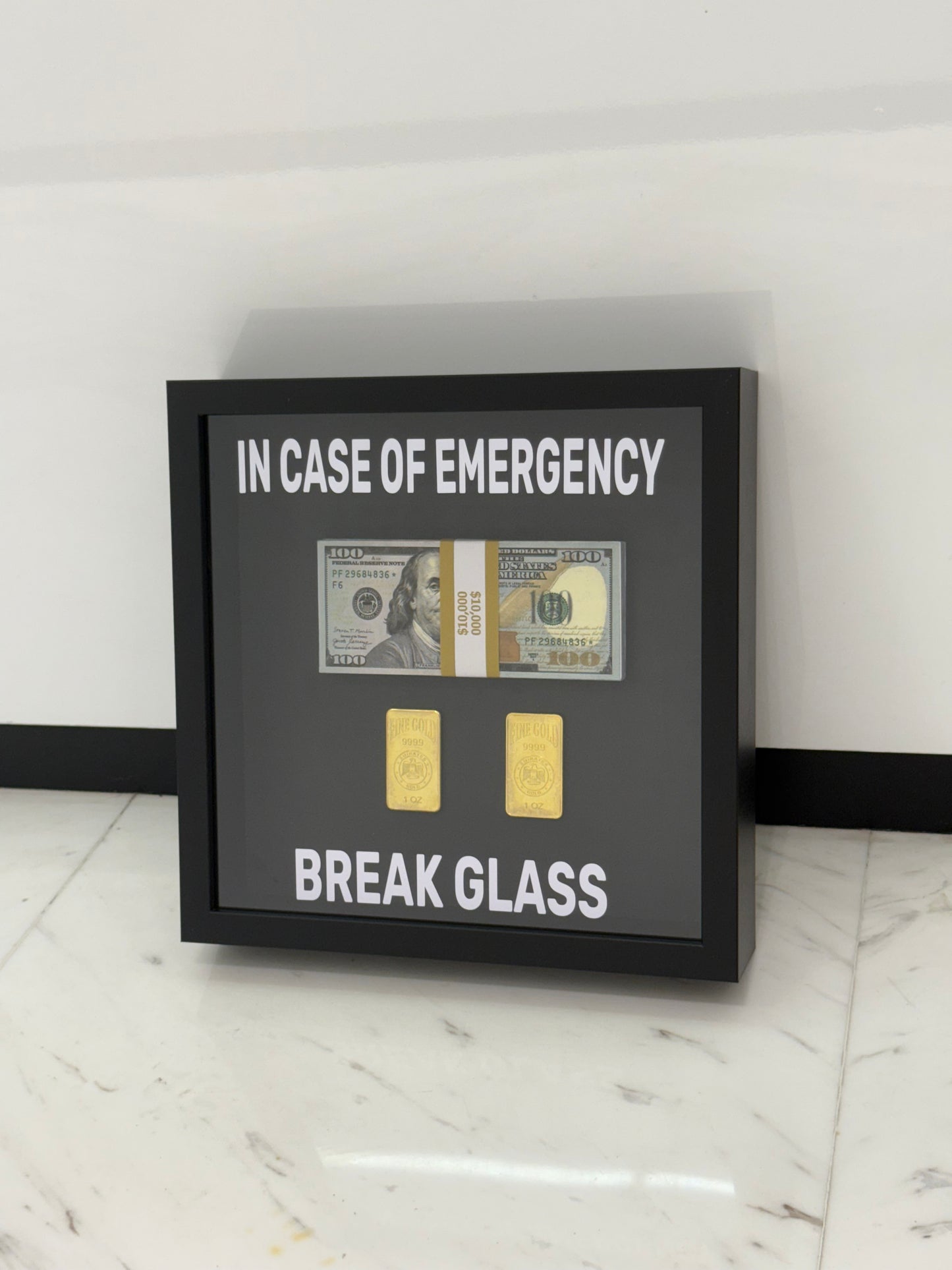 In Case of Emergency Break Glass Fine Gold and Dollar Box Frame black