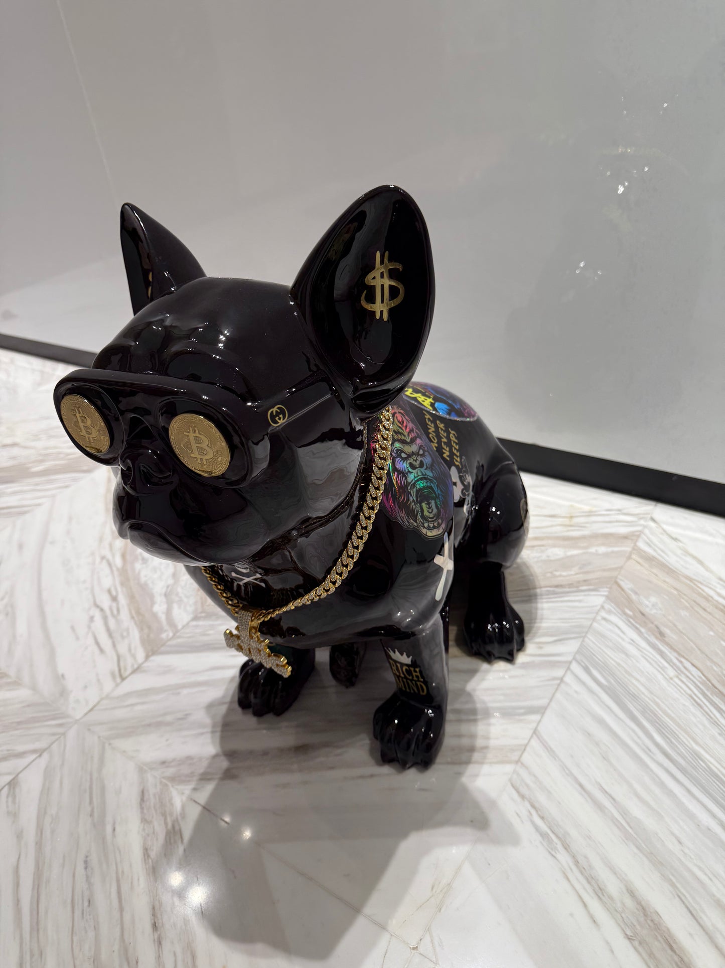 Black Gucci Dog Sculpture with Designer Accents