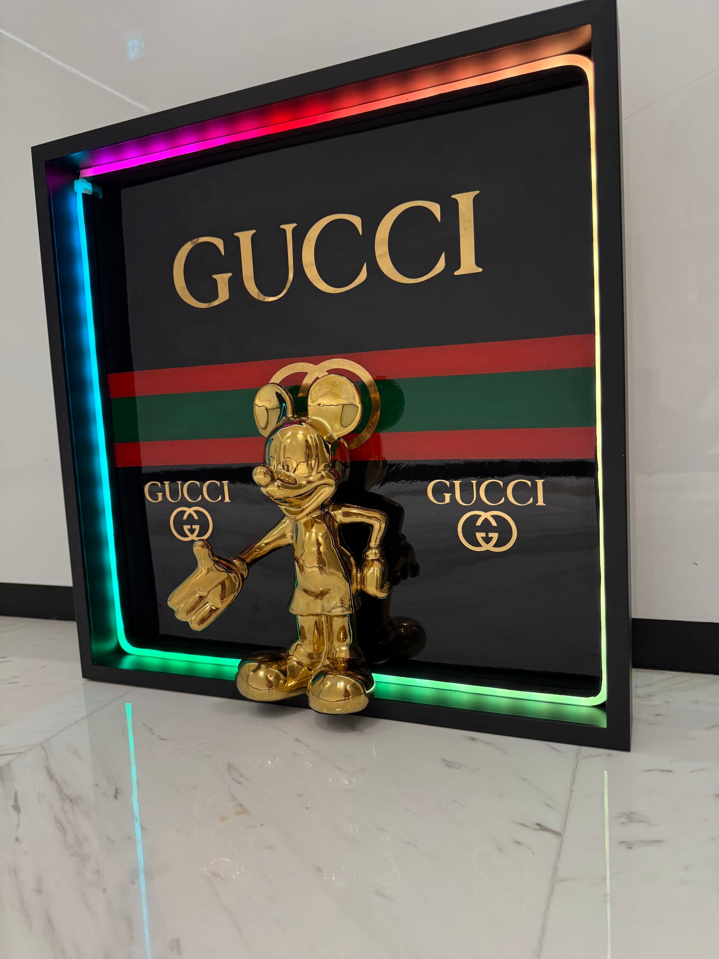 Golden Mickey in Gucci Box Frame with Light – Luxury Art That Shines