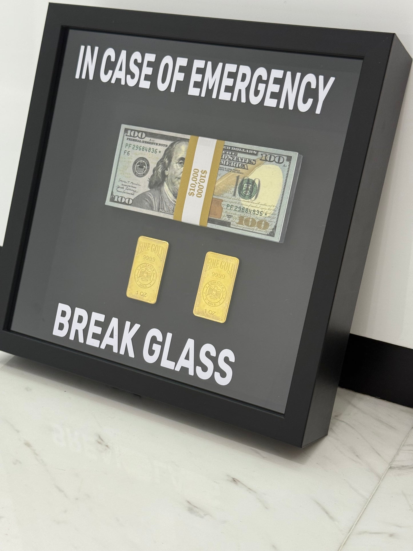 In Case of Emergency Break Glass Fine Gold and Dollar Box Frame black