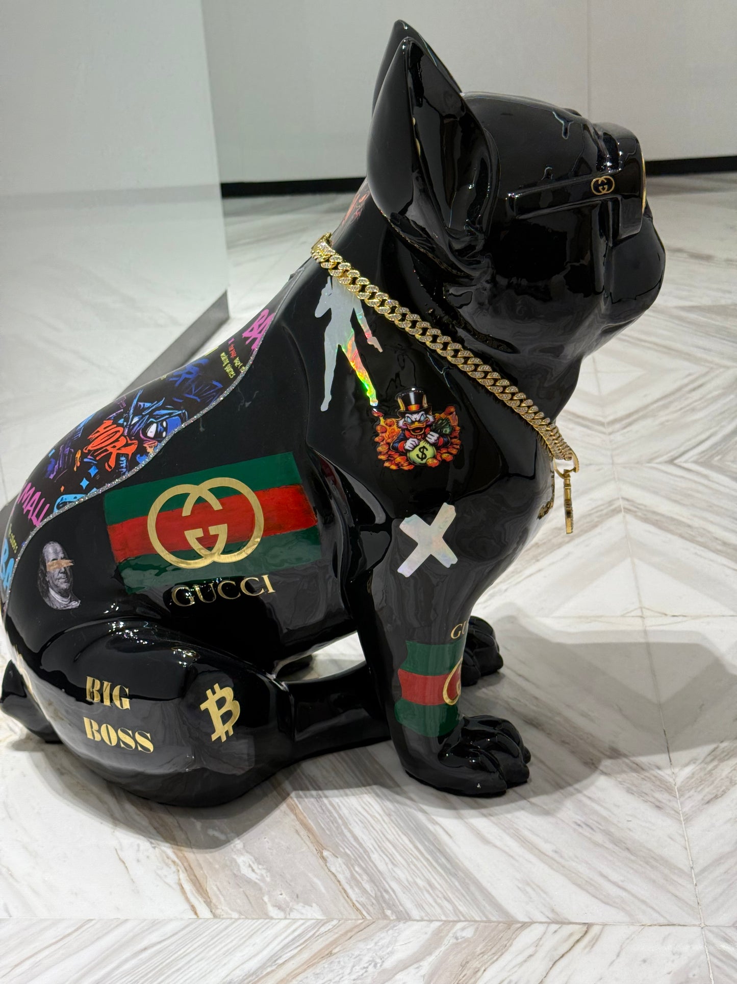 Black Gucci Dog Sculpture with Designer Accents