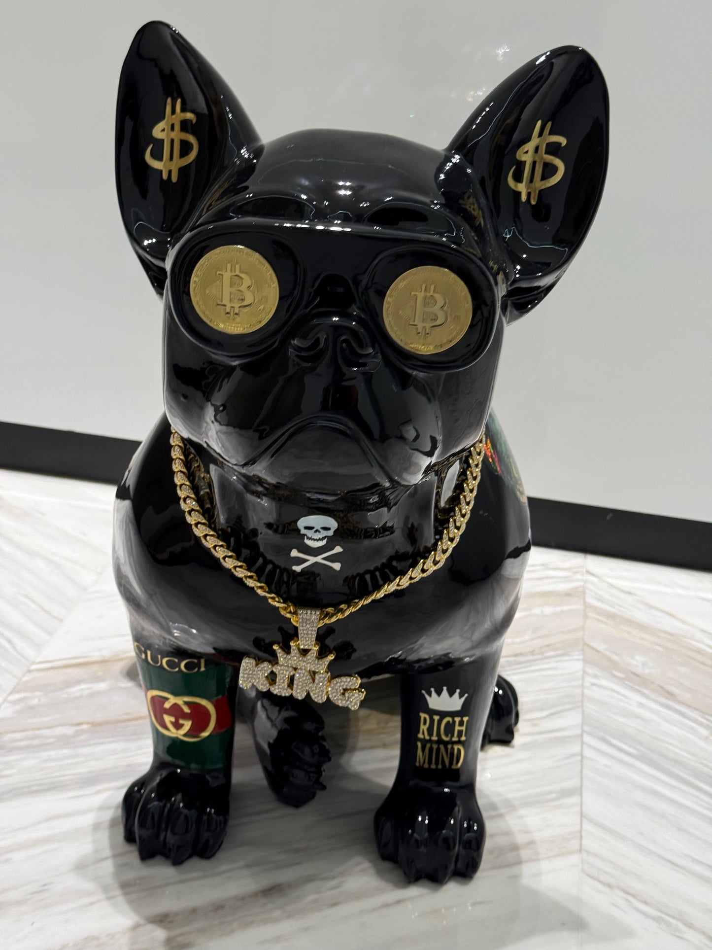Black Gucci Dog Sculpture with Designer Accents