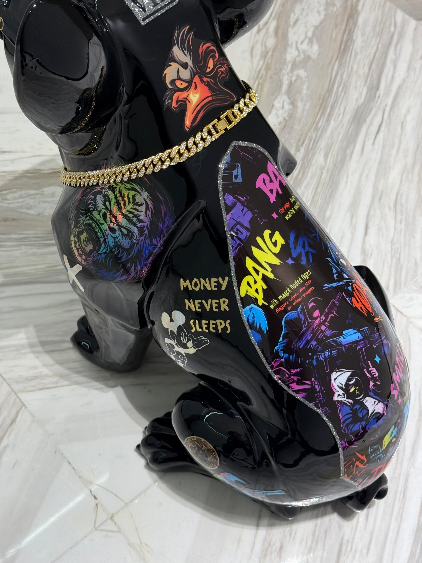 Black Gucci Dog Sculpture with Designer Accents