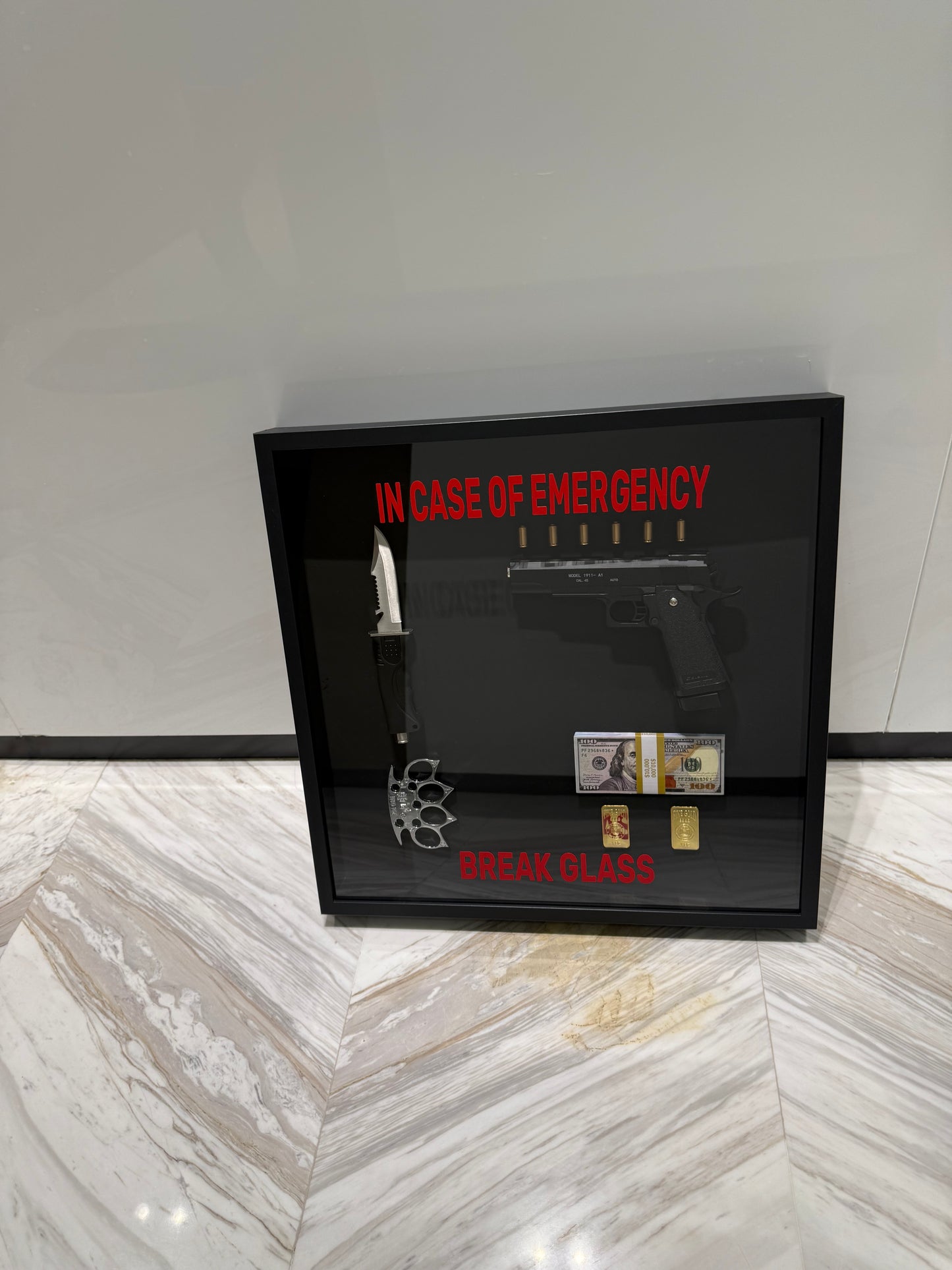 In Case of Emergency Break Glass Gun Gold and Dollar Big Box Frame black