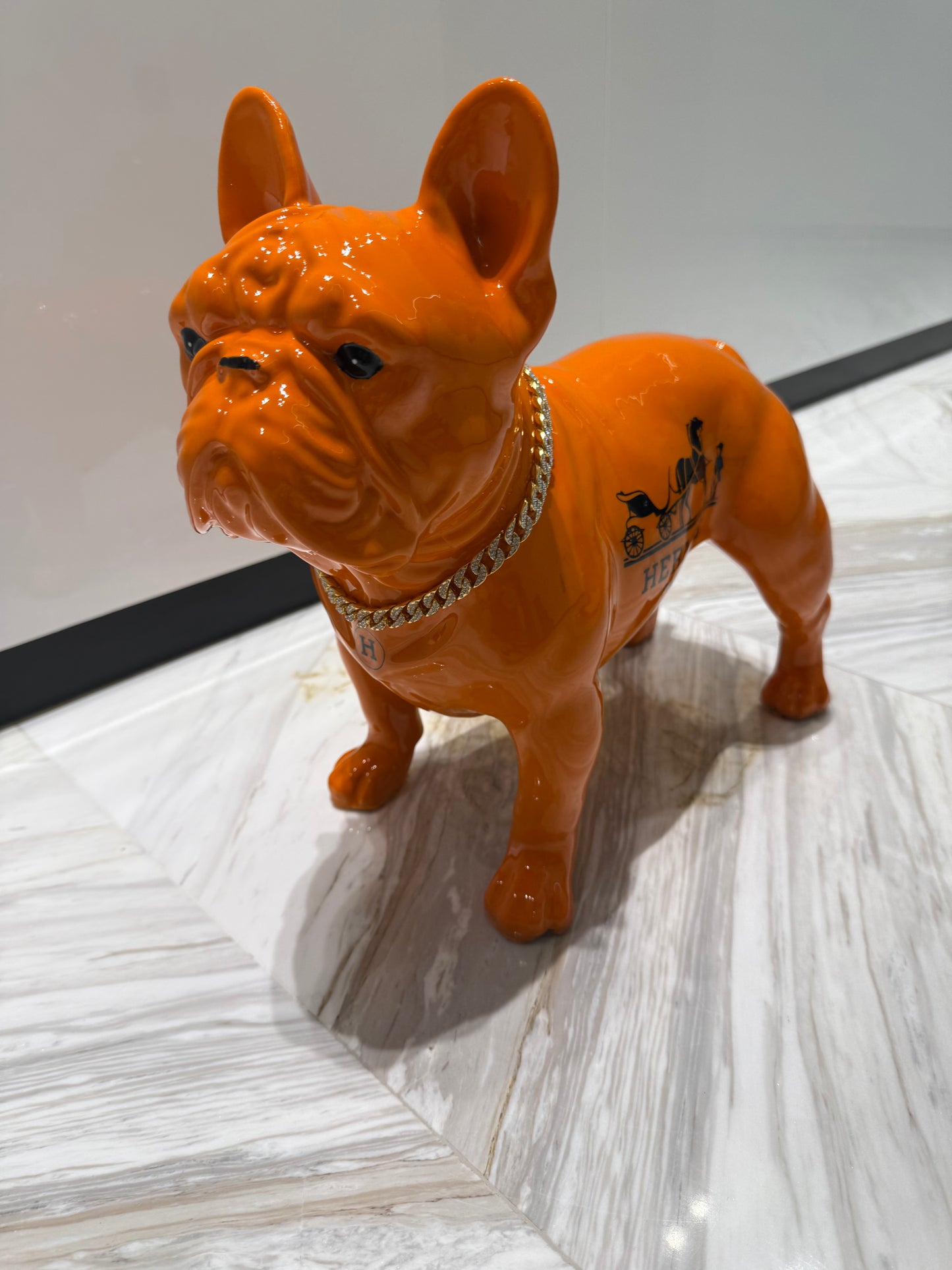 Orange Hermes Dog Sculpture with Designer Accents