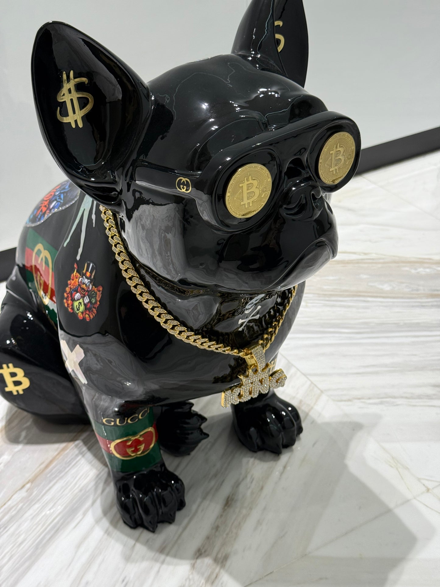 Black Gucci Dog Sculpture with Designer Accents