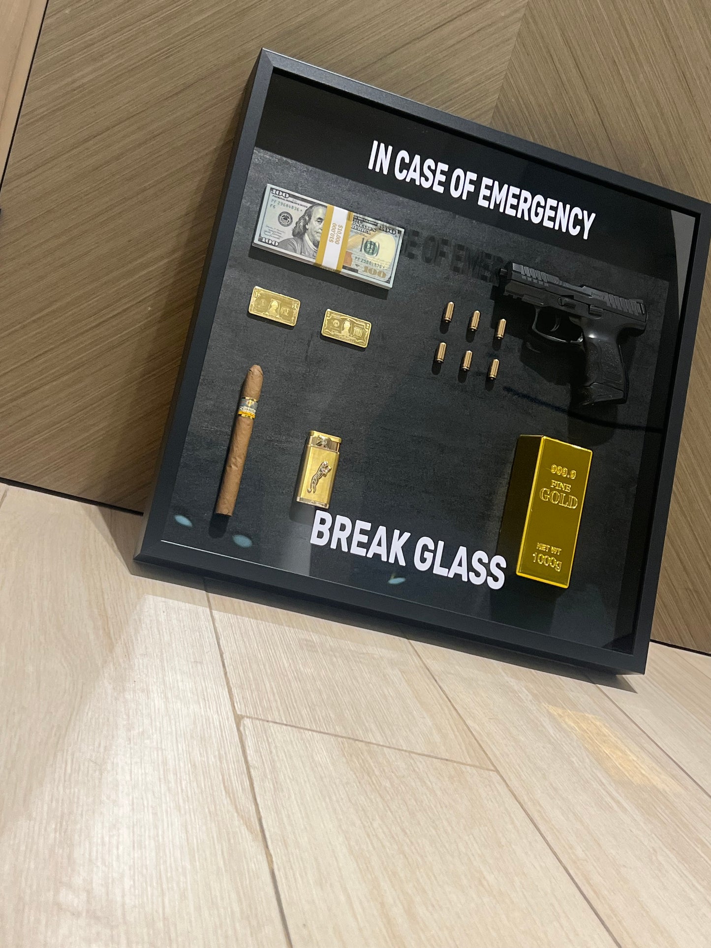 In Case of Emergency Break Glass Gun Gold and Dollar Big Box Frame black