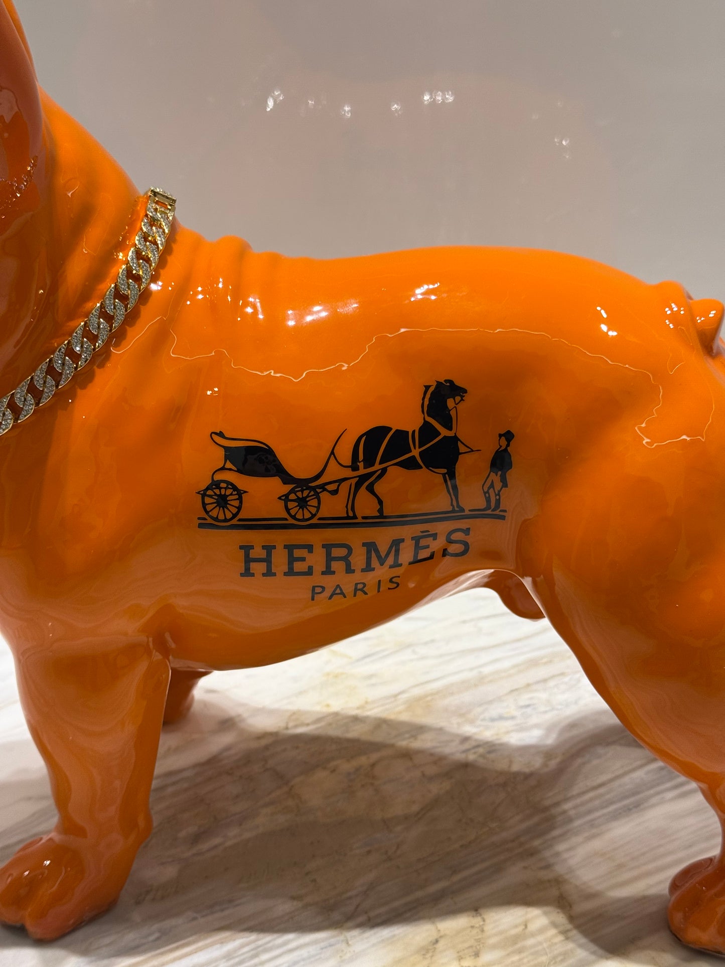 Orange Hermes Dog Sculpture with Designer Accents