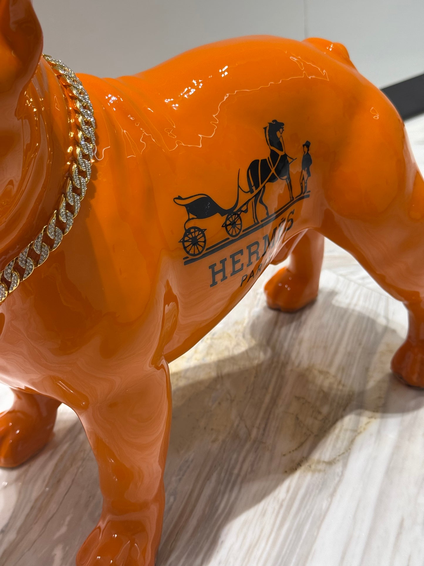 Orange Hermes Dog Sculpture with Designer Accents