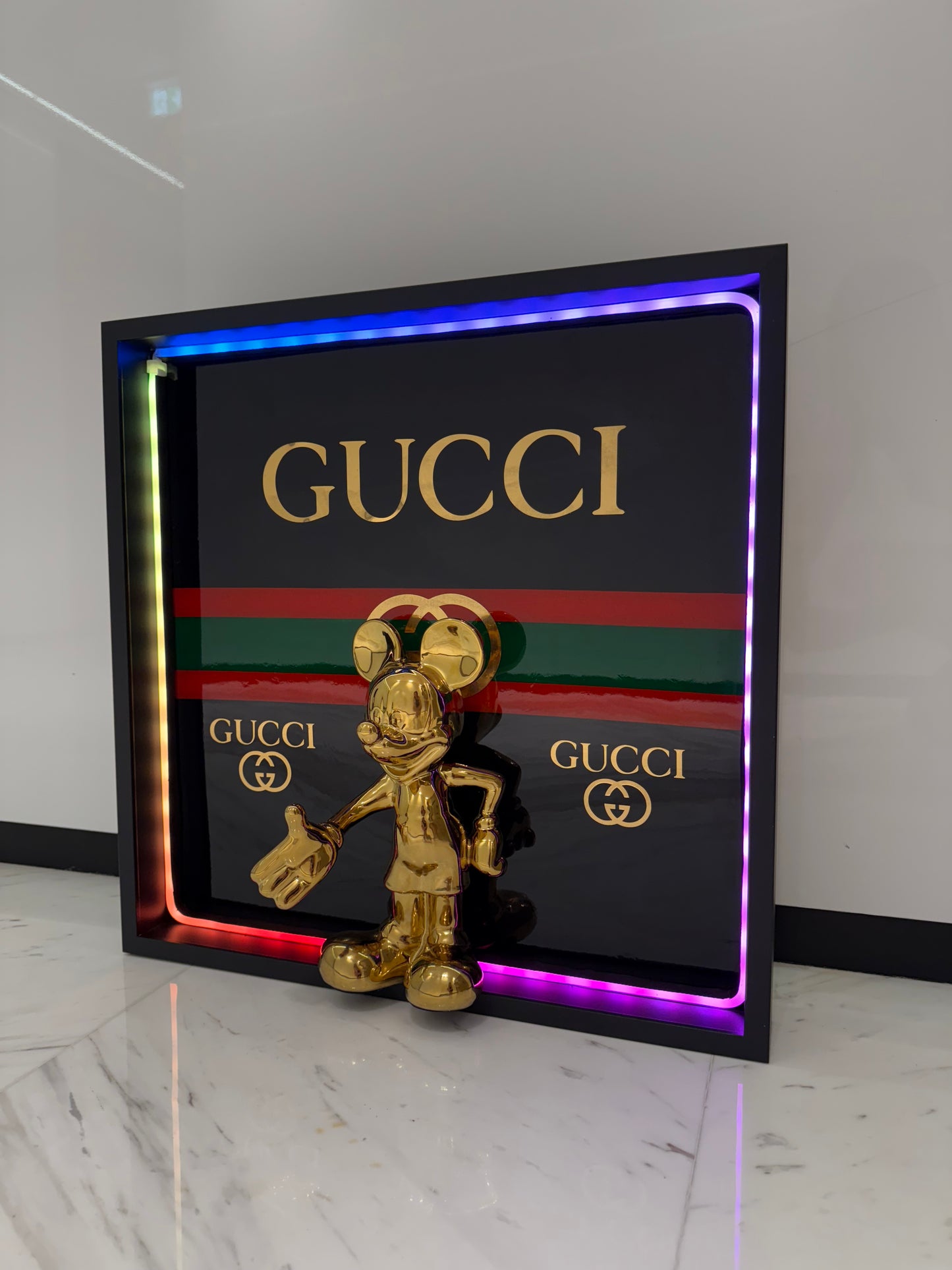 Golden Mickey in Gucci Box Frame with Light – Luxury Art That Shines