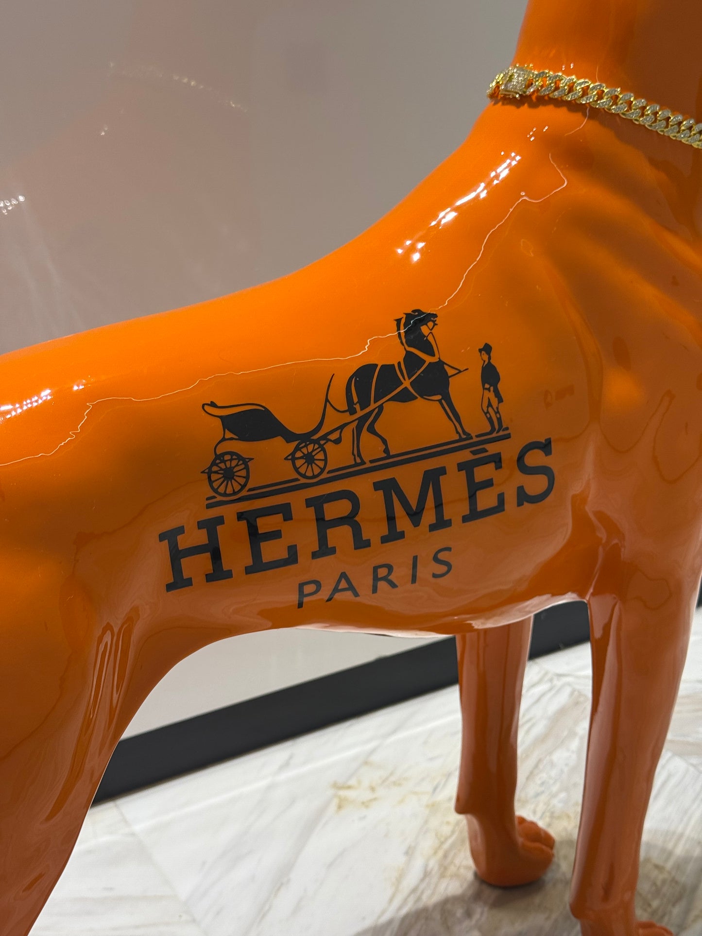 Luxury Orange Hermes Dog Sculpture with Designer Accents